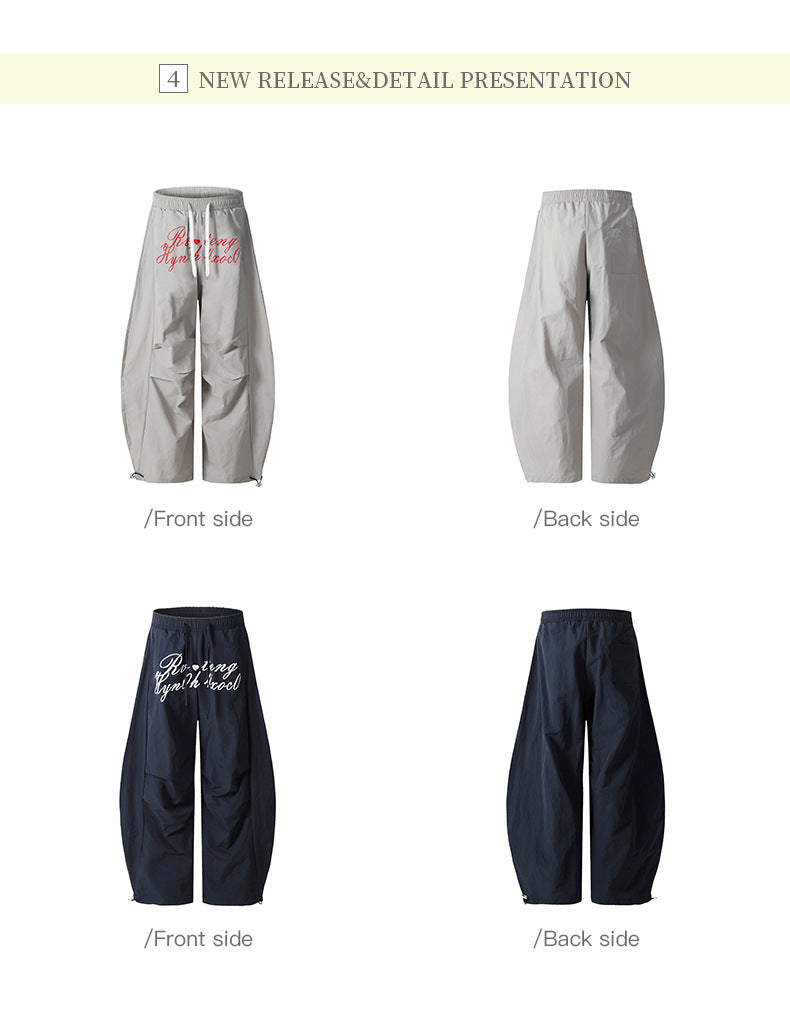 Men's Letter Print Pleated Casual Pants Women's Trendy Loose Cargo Wide-Leg Scimitar Pants