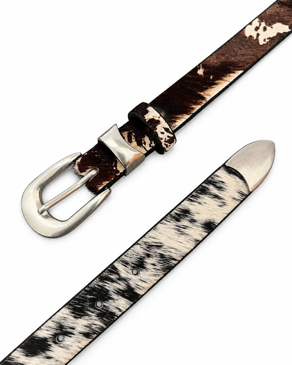 Vintage Brown & Black-and-White Cowhide Leather Belt Set — 2 Piece
