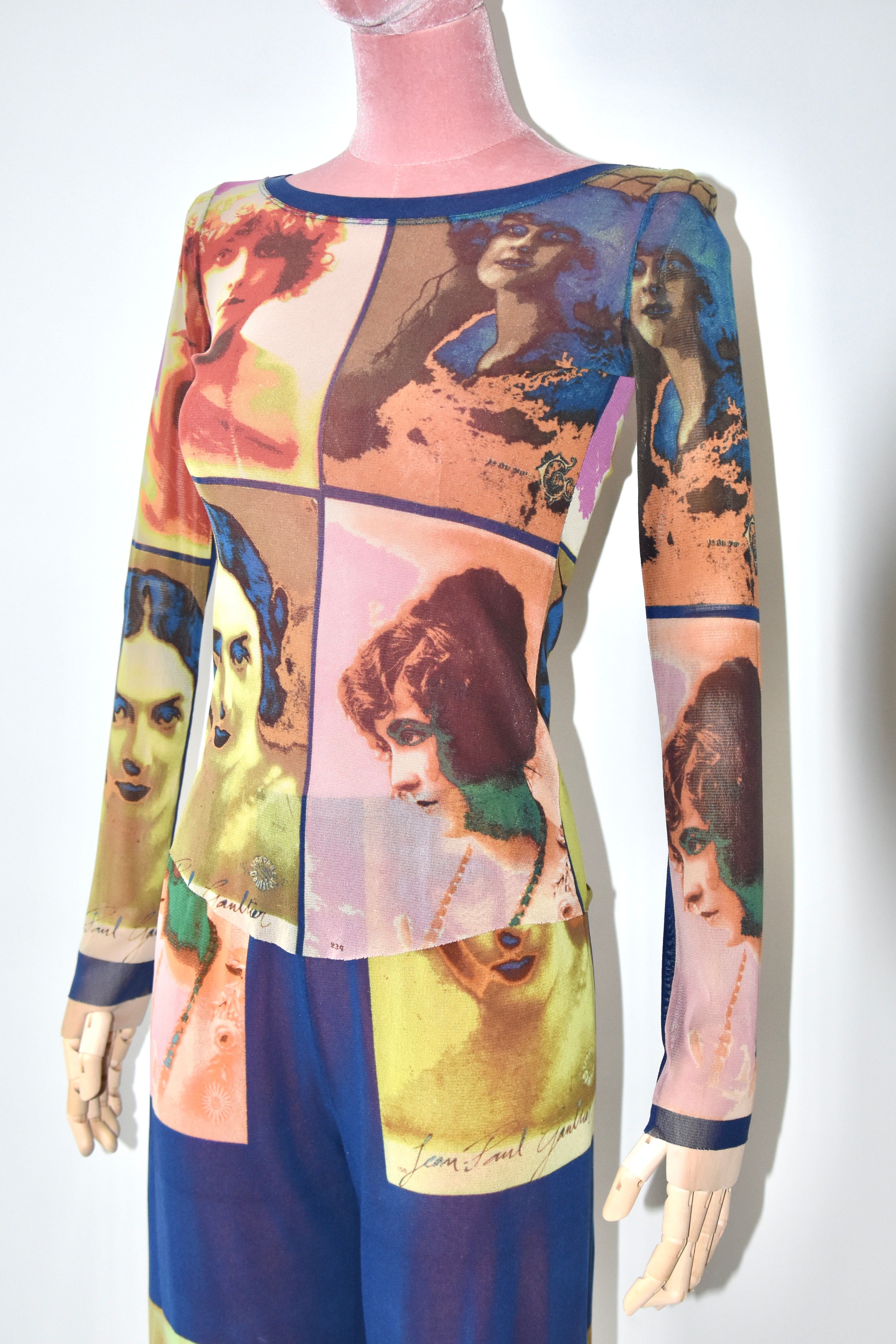 Jean Paul Gaultier S/S 2002 “Portrait Print” Mesh Long Sleeve Top