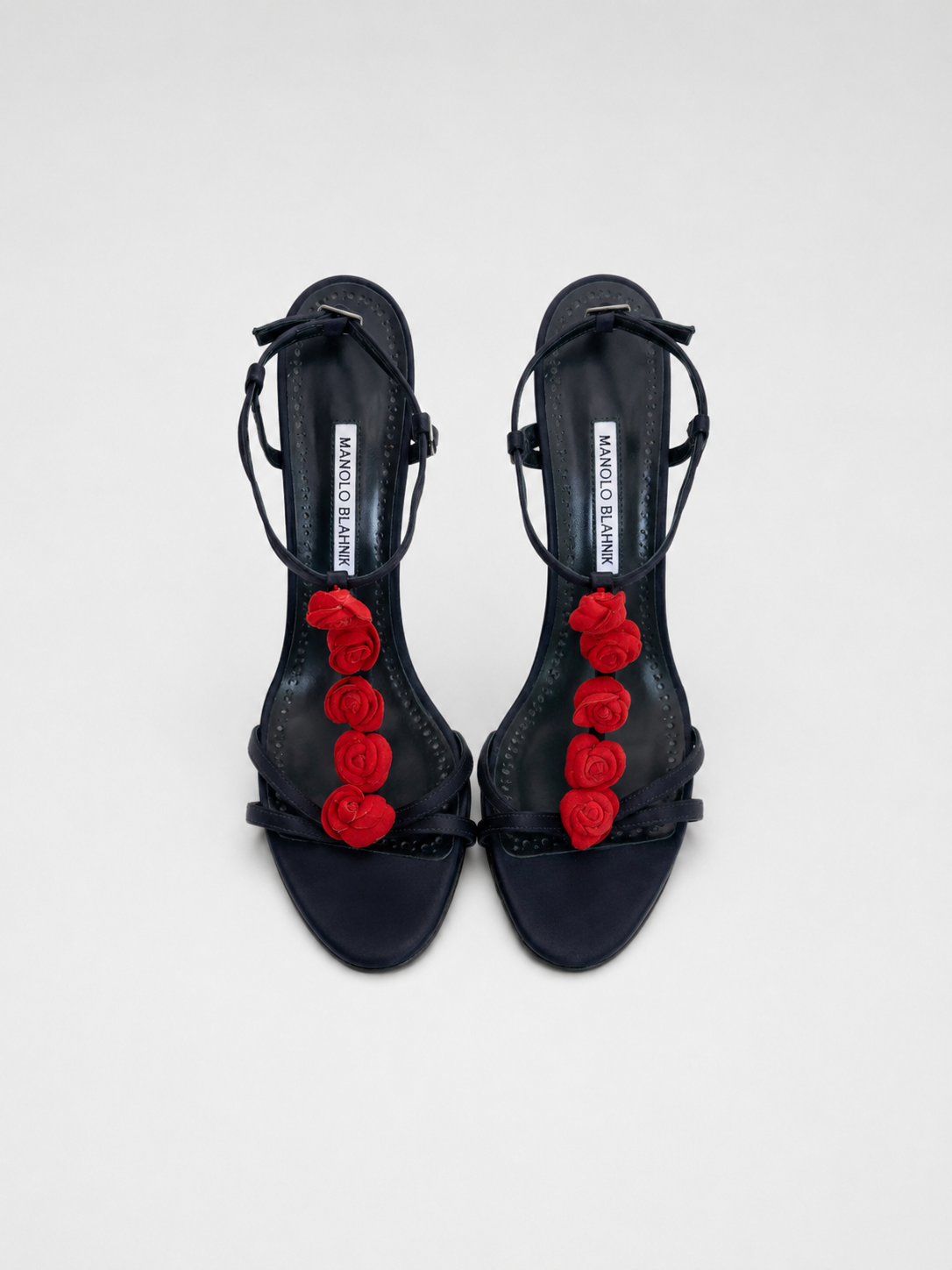 Manolo Blahnik Black Satin Red Rose Sandals Floral Strappy Heels Evening Shoes Size 39.5