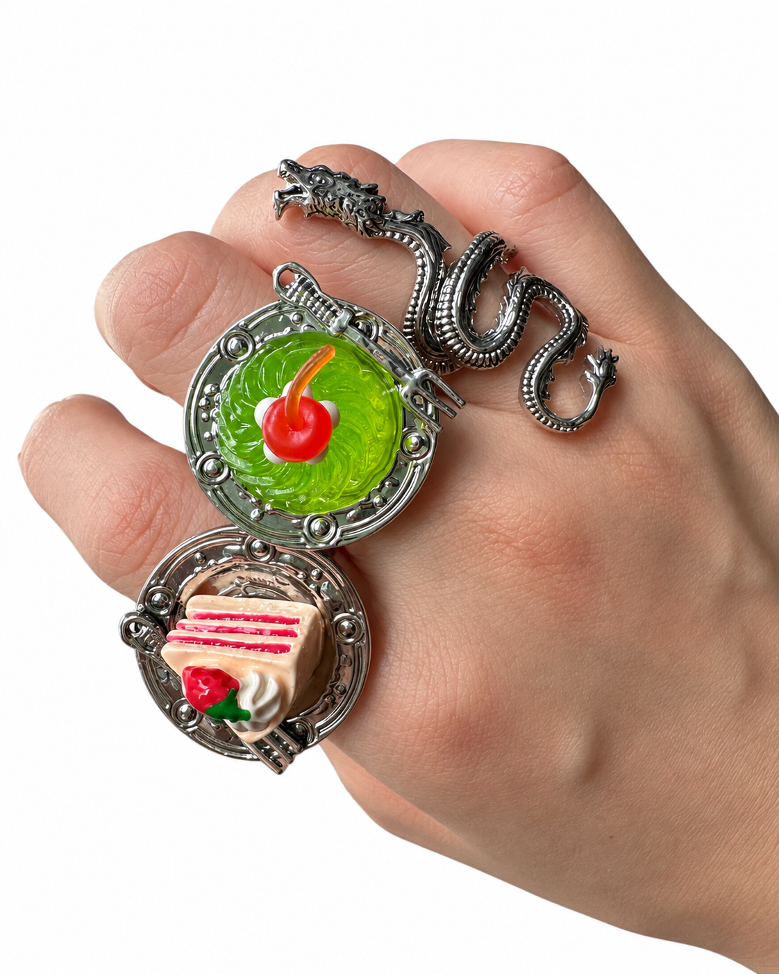 Creative Cake & Dragon Ring Set – 3-Piece Silver-Tone Statement Rings