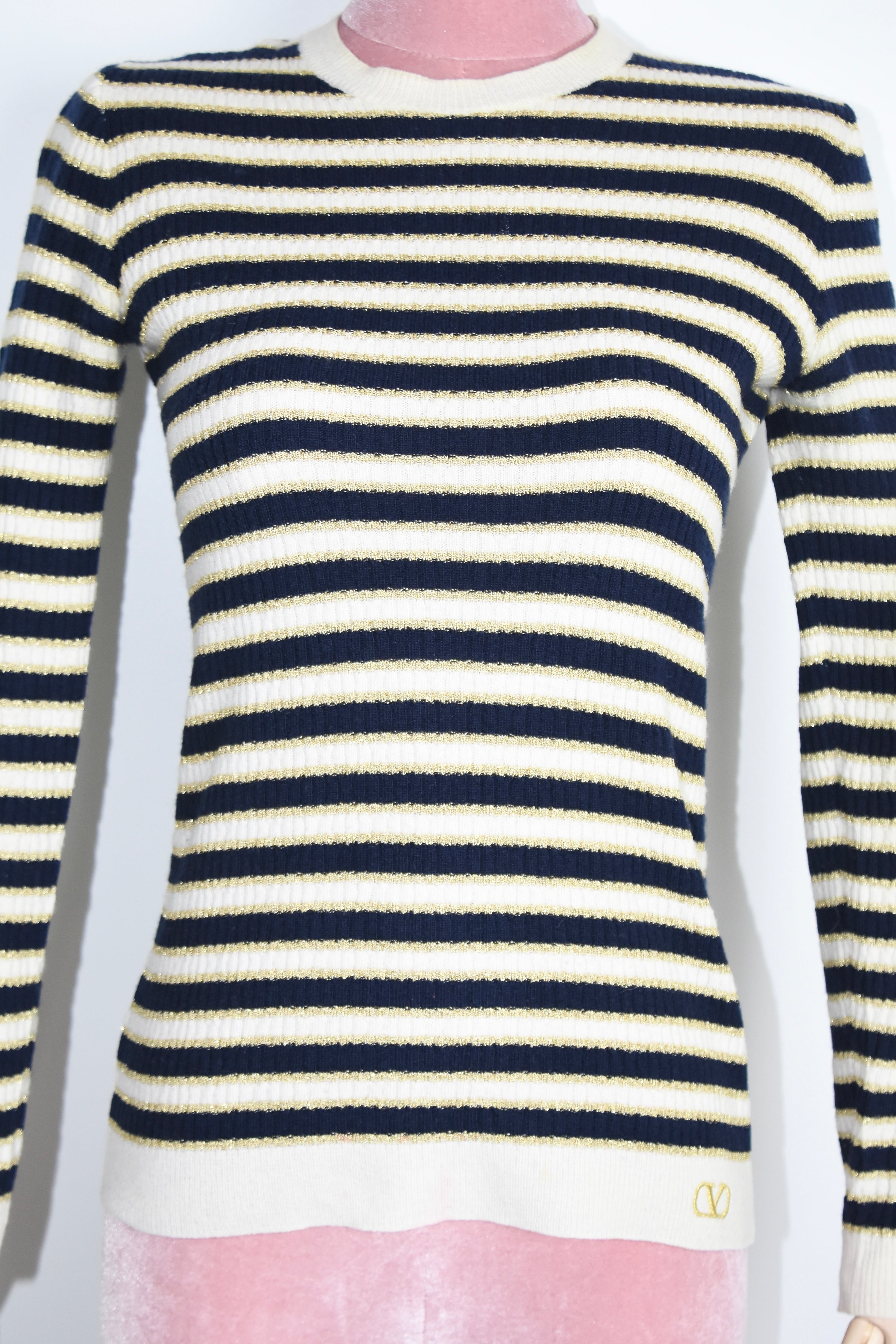 Valentino Navy & Ivory Striped Knit Sweater with Gold Lurex – Made in Italy Signature V Logo
