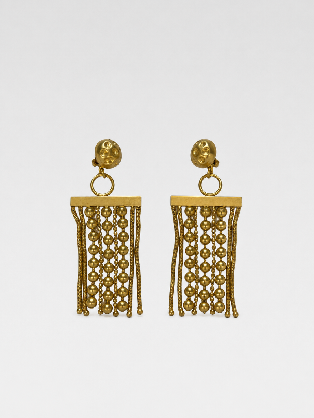 Jean Paul Gaultier 1990s Vintage Gold Fringe Earrings Beaded Tassel Clip-On Runway Nastassja Kinski Iconic Piece