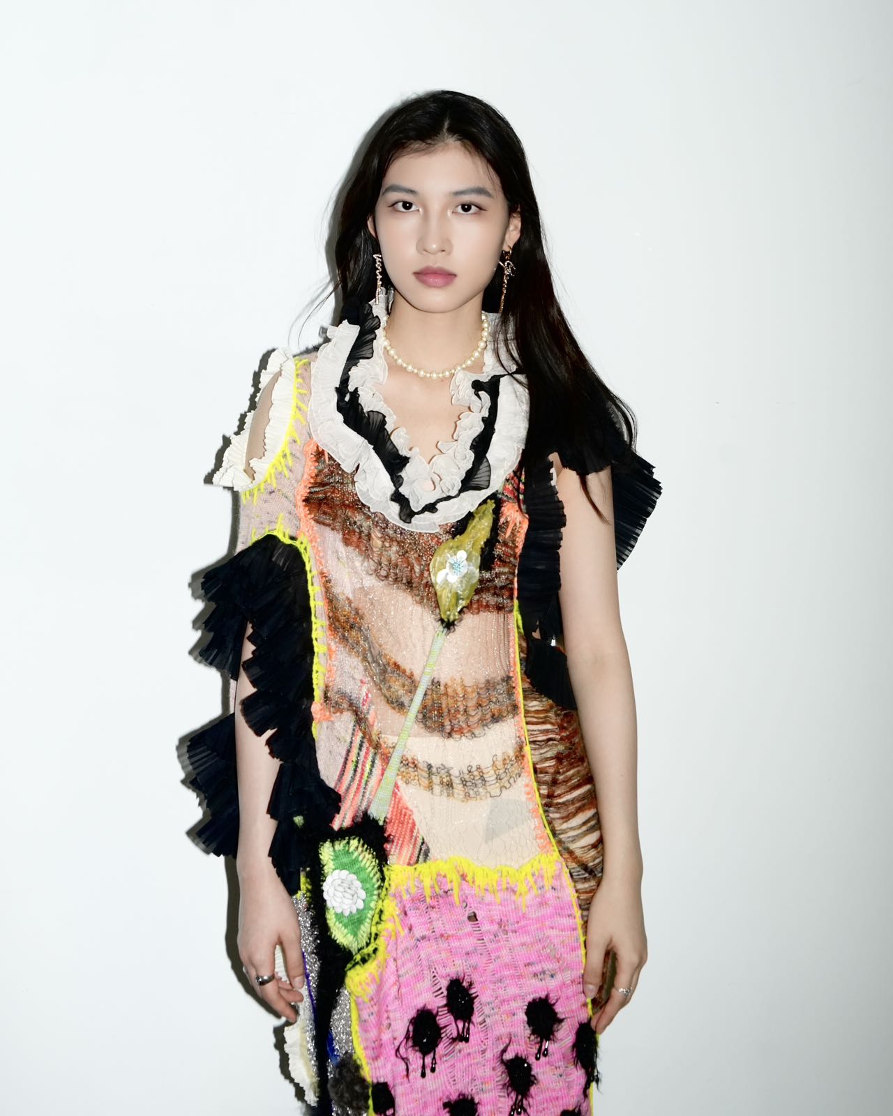 YAONOVA Hand-Knitted Ruffle Dress with Train