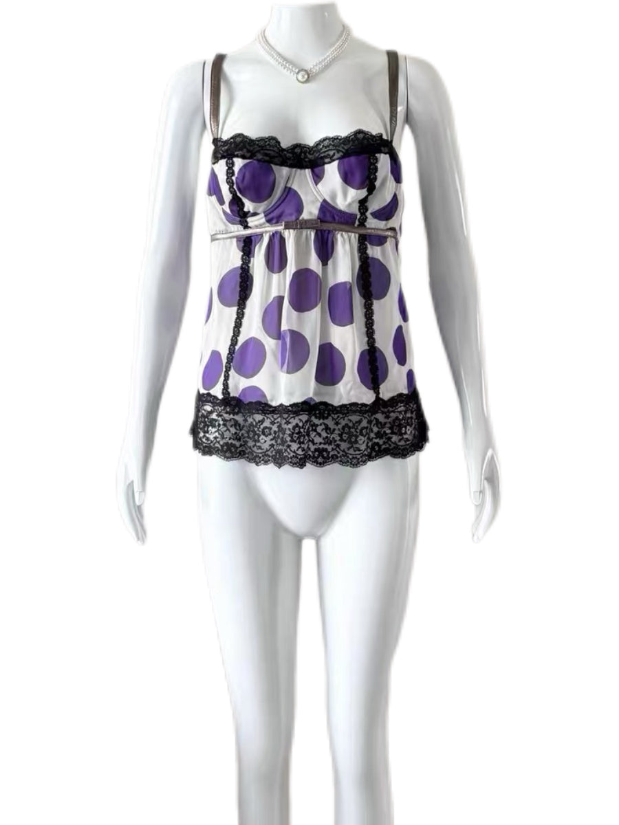 DOLCE & GABBANA Vintage Purple Polka-Dot Silk Lace Camisole Top