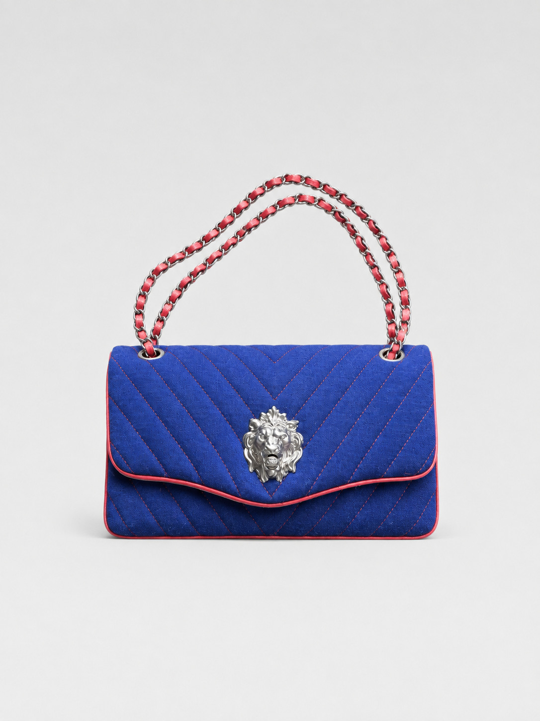CHANEL Rare Lion Head Quilted Fabric Chain Shoulder Bag — Blue & Red