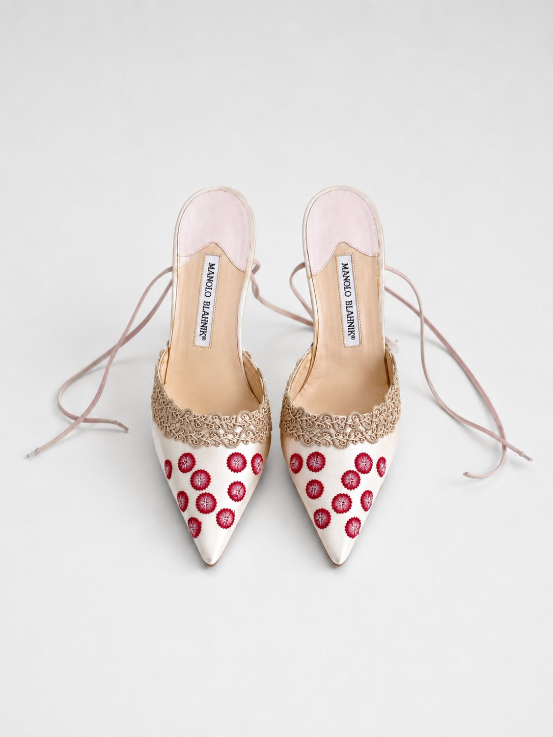 Manolo Blahnik Satin Floral Embroidered Lace-Up Heels – Rare Couture Ribbon Pumps