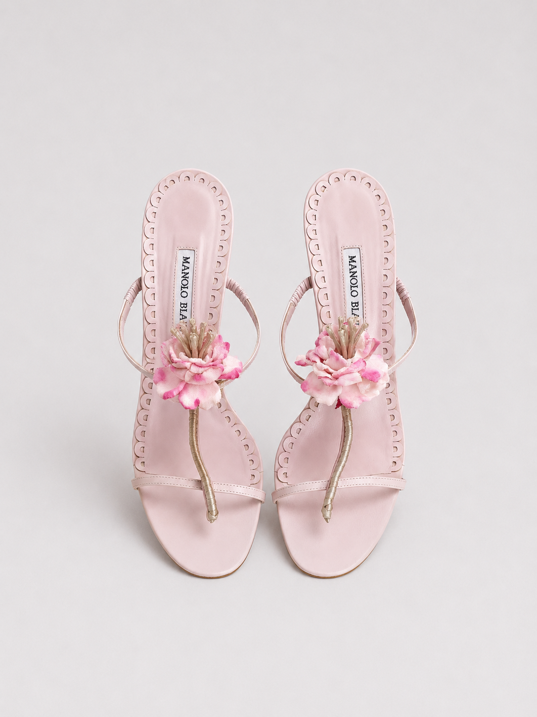 Manolo Blahnik Pink Floral Kitten Heel Sandals – Vintage Blossom Mule Heels