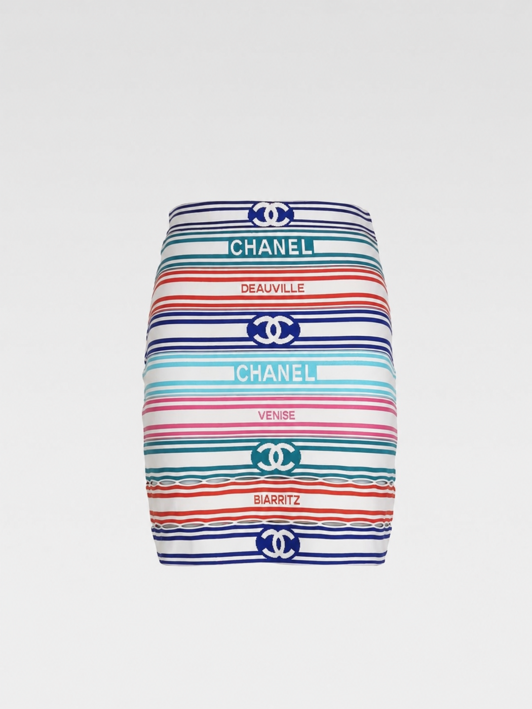 Chanel 19P Cruise “Deauville Venise Biarritz” Striped Logo Mini Skirt – Resort Graphic Cotton Piece
