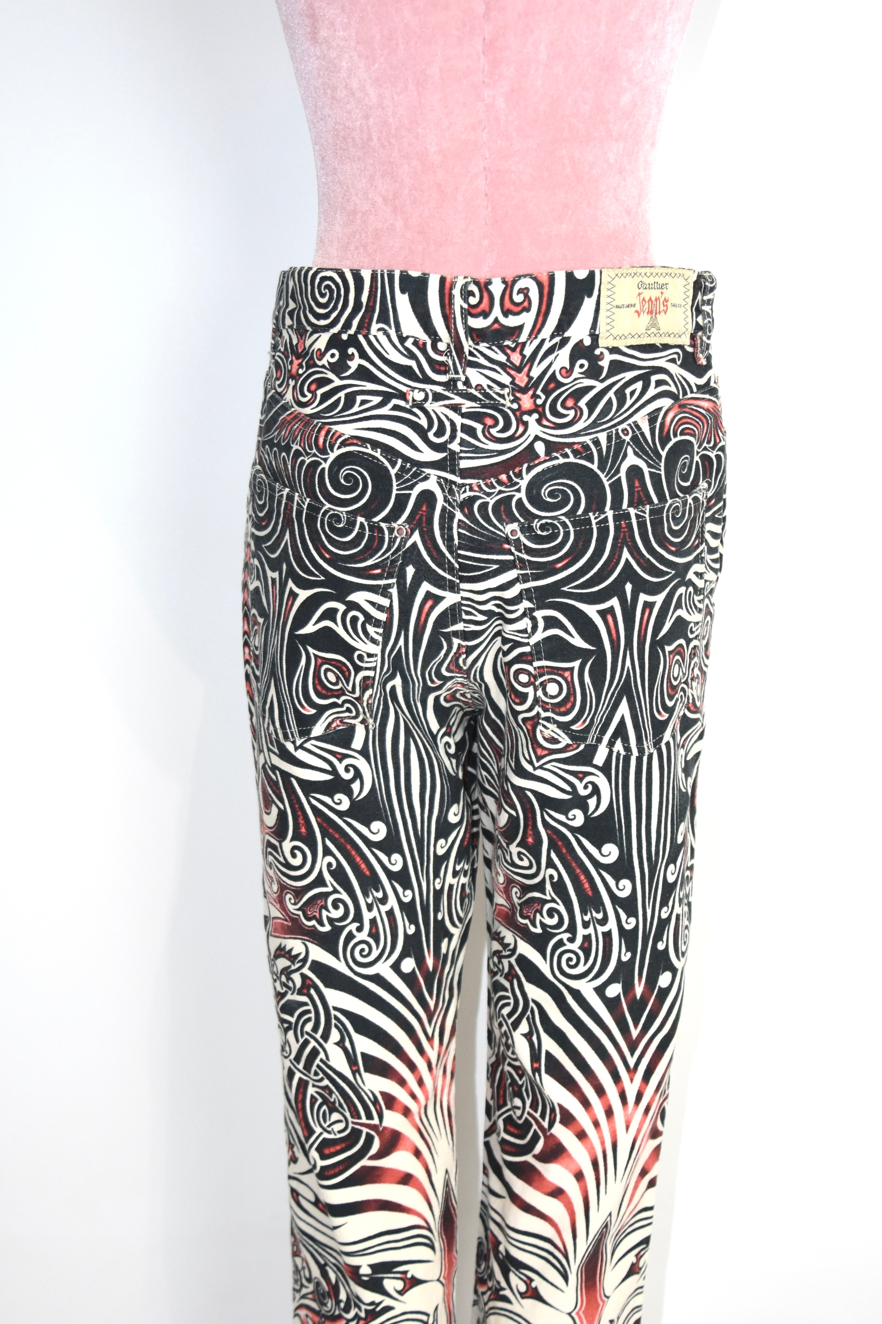 Jean Paul Gaultier Jeans Tribal Print Flared Trousers (Gothic Tattoo Swirl in Black–Red–Ivory)