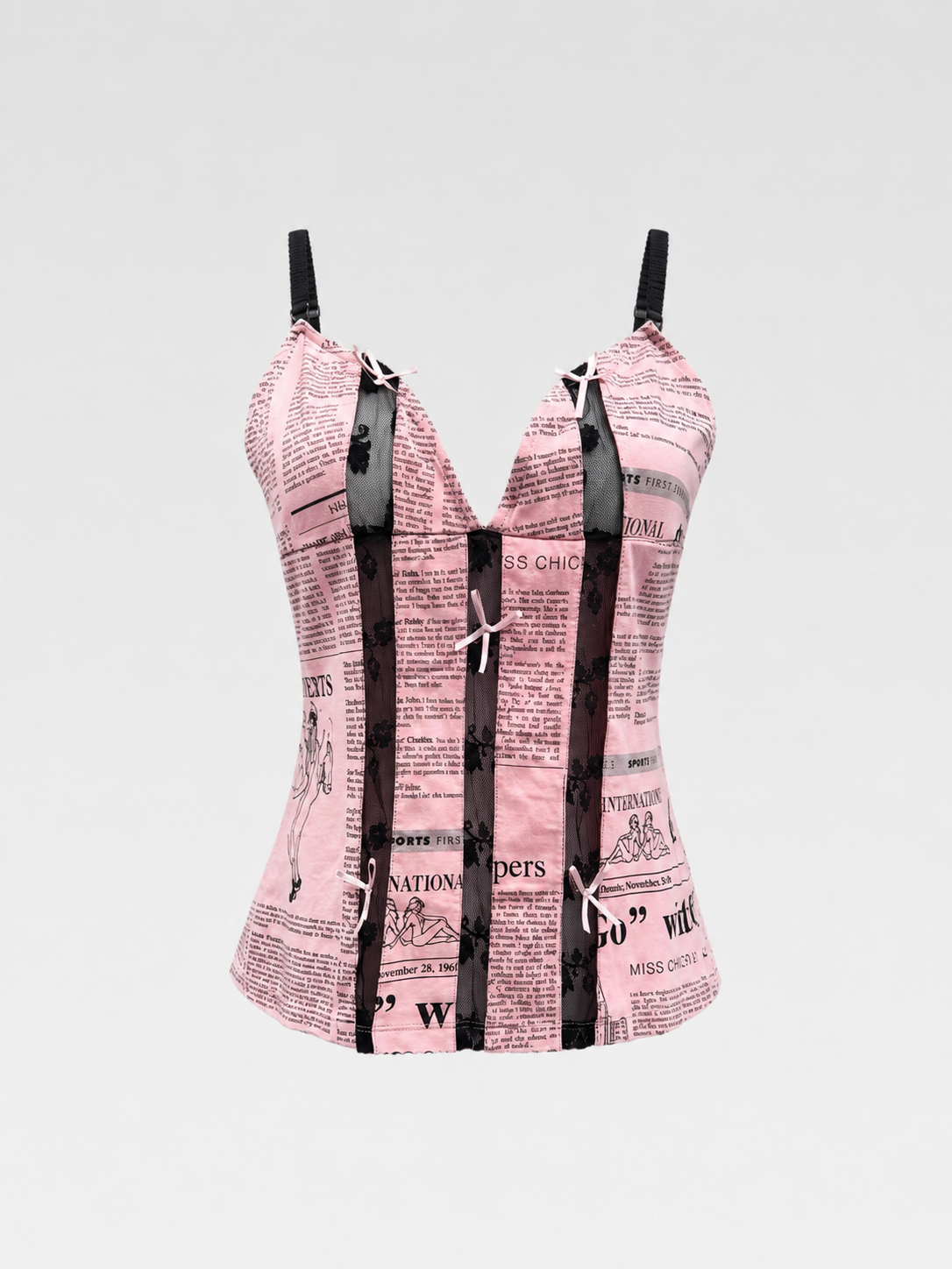 John Galliano Pink Newspaper Print Bow Corset Top – Archive Editorial Lace Panel Camisole