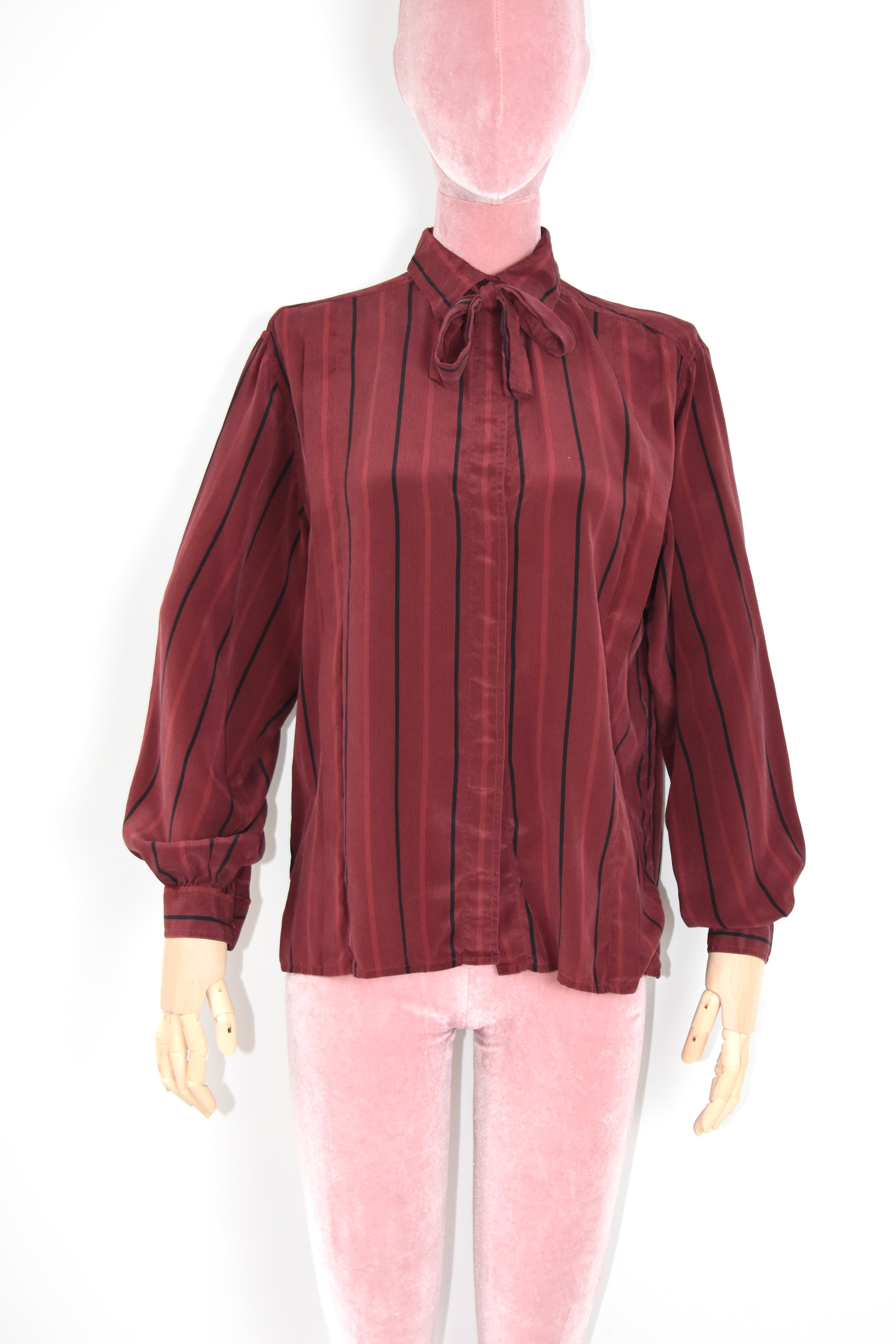 Gucci Vintage Burgundy Silk Stripe Tie Blouse
