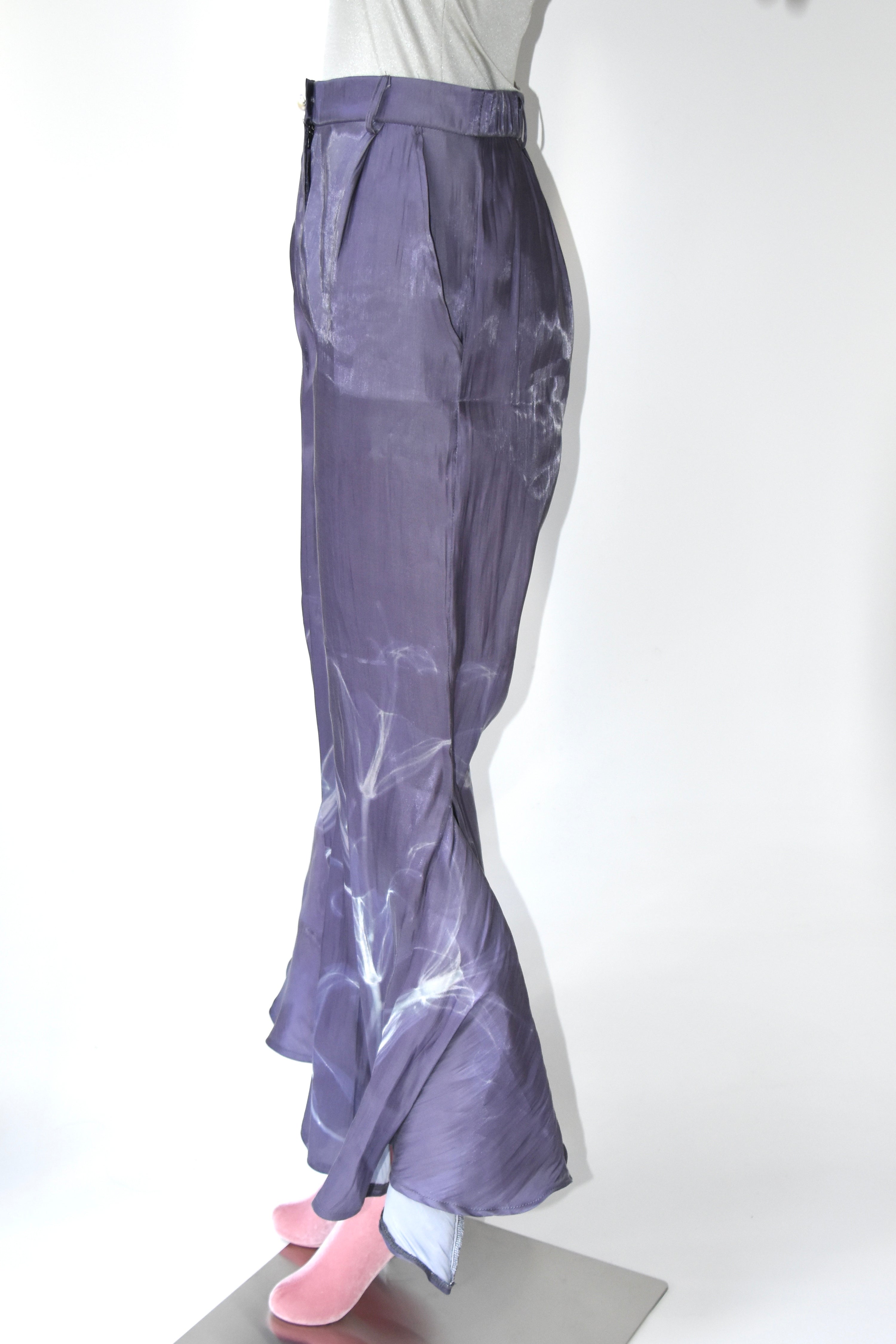 1200AM Purple Silk Lightning Print Flared Wide-Leg Trousers – Elastic Waist Statement Piece