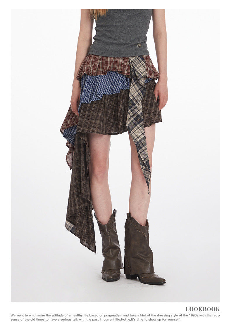 Irregular High Waist Plaid Patchwork Skirt for Women, Unique Sweet and Anti-Exposure Short Skirt