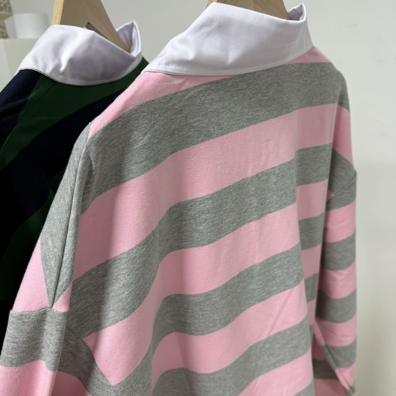 Korean Loose Pink and Grey Striped Polo Sweatshirt Top