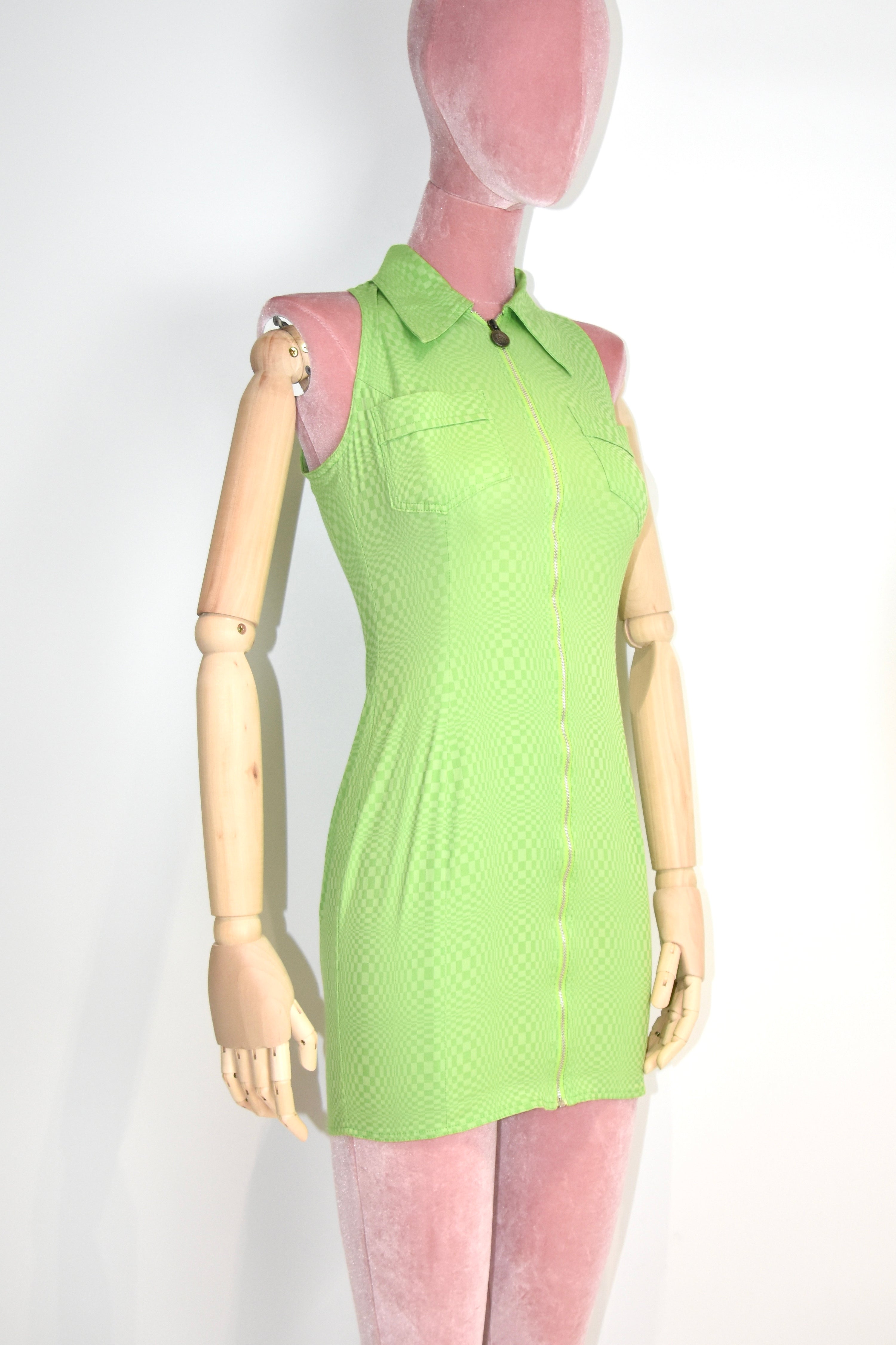 Versace Jeans Couture Green Checkered Zip-Up Sleeveless Mini Dress – Y2K Vintage Italy