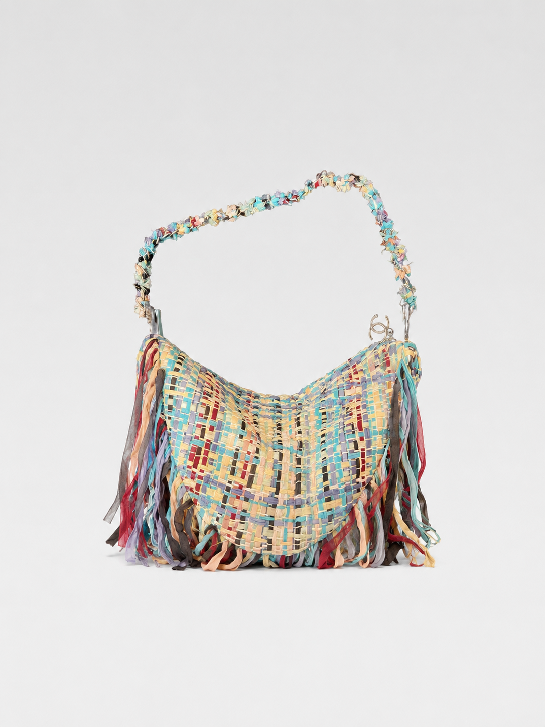 CHANEL Multicolor Fringed Woven Raffia Shoulder Bag with Braided Strap & CC Zipper Pull (Circa 2000s, Vintage)