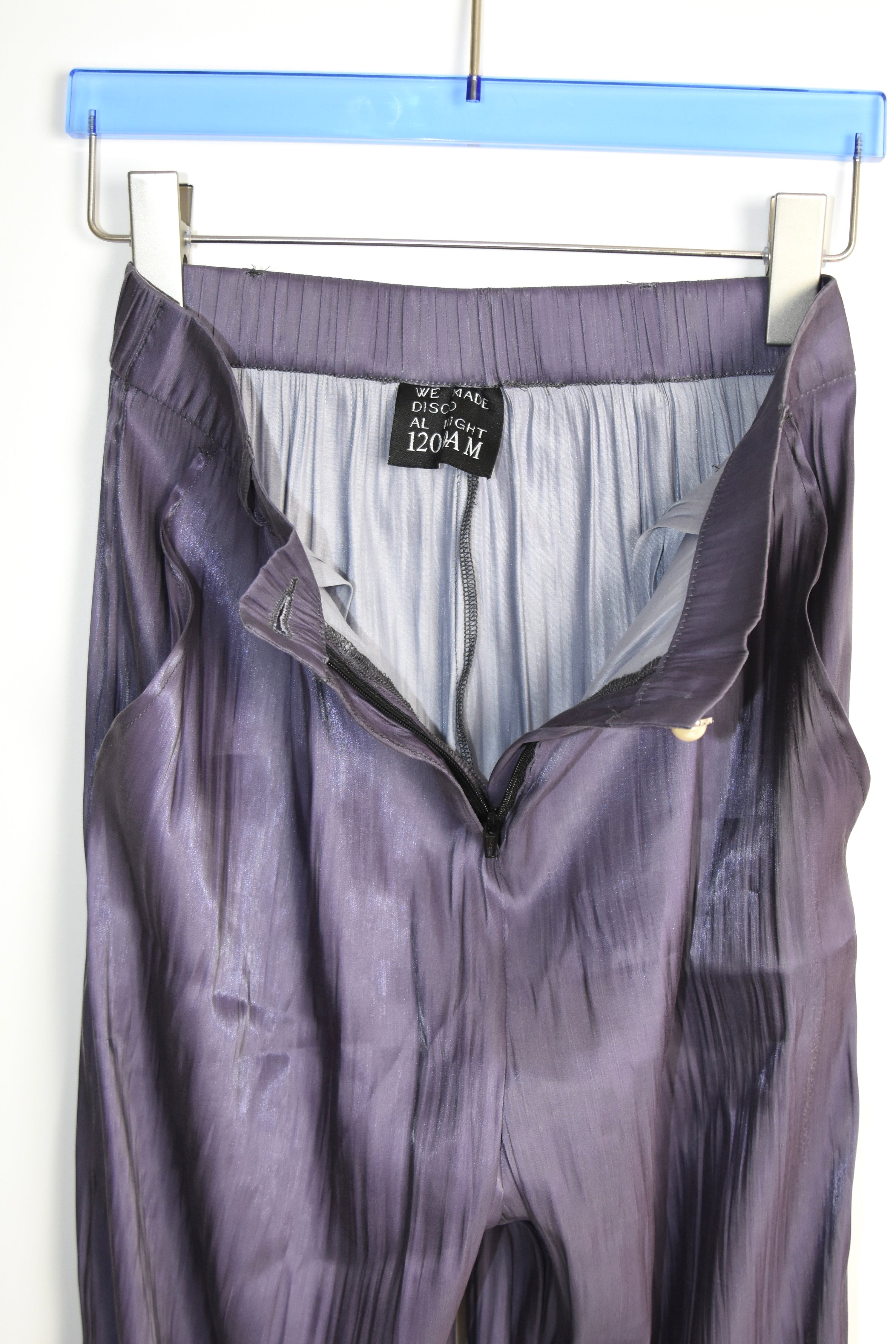 1200AM Purple Silk Lightning Print Flared Wide-Leg Trousers – Elastic Waist Statement Piece