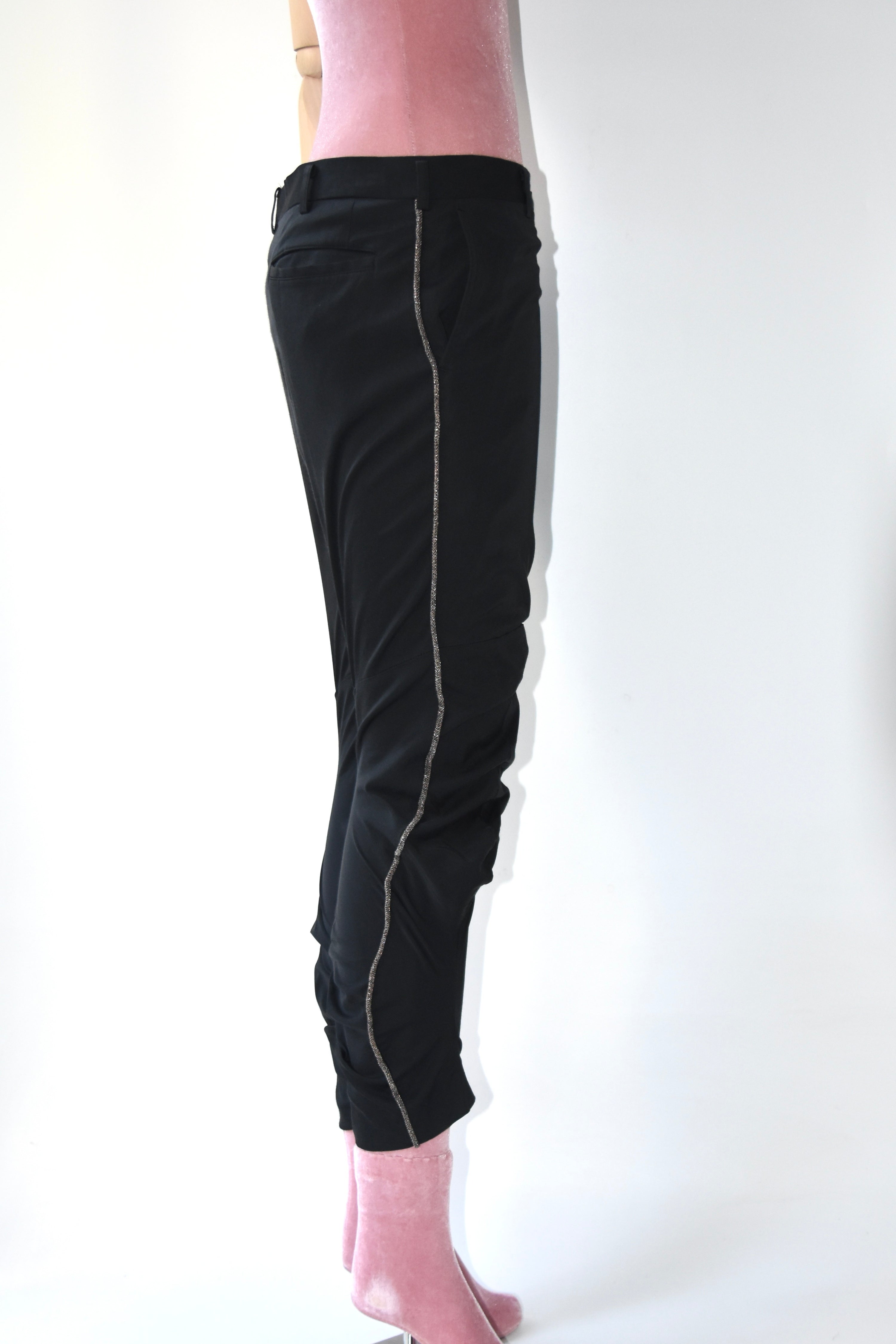 Comme des Garçons AD2010 Twisted Tailored Cropped Pants – Black Sculptural Gold-Trim Vintage Trousers