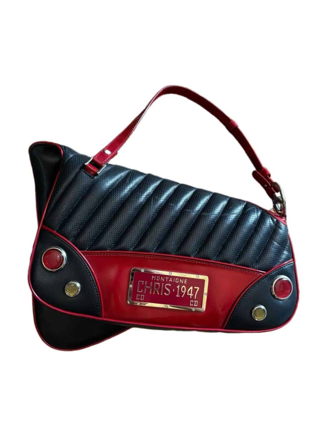 Christian Dior by John Galliano Runway Cadillac Saddle Bag in Black & Red Leather with “CHRIS·1947” Plaque