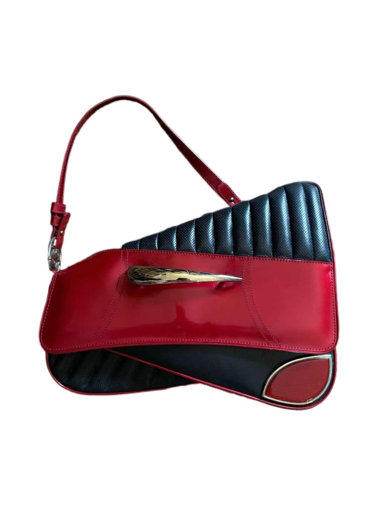 Christian Dior by John Galliano Runway Cadillac Saddle Bag in Black & Red Leather with “CHRIS·1947” Plaque