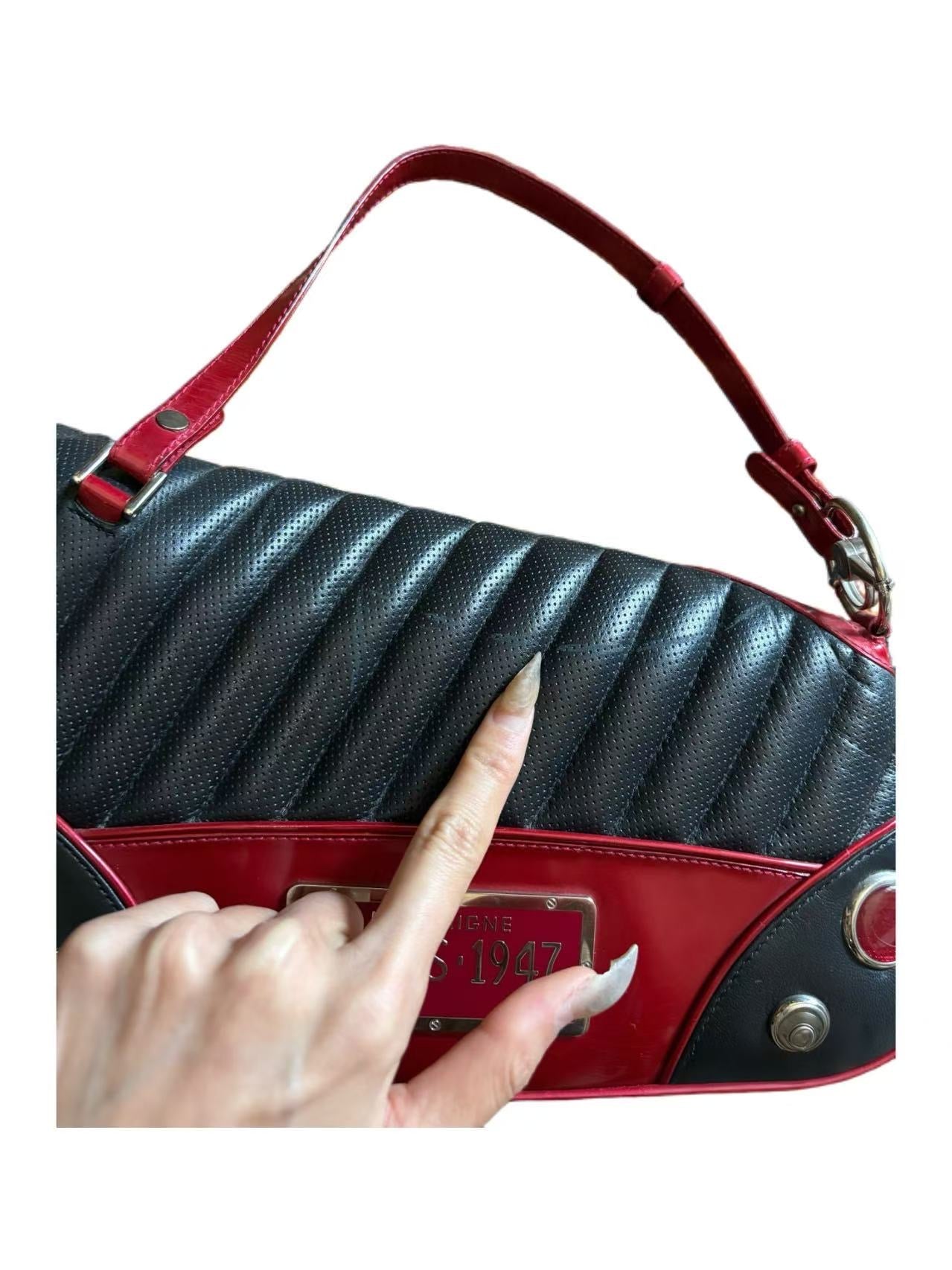 Christian Dior by John Galliano Runway Cadillac Saddle Bag in Black & Red Leather with “CHRIS·1947” Plaque