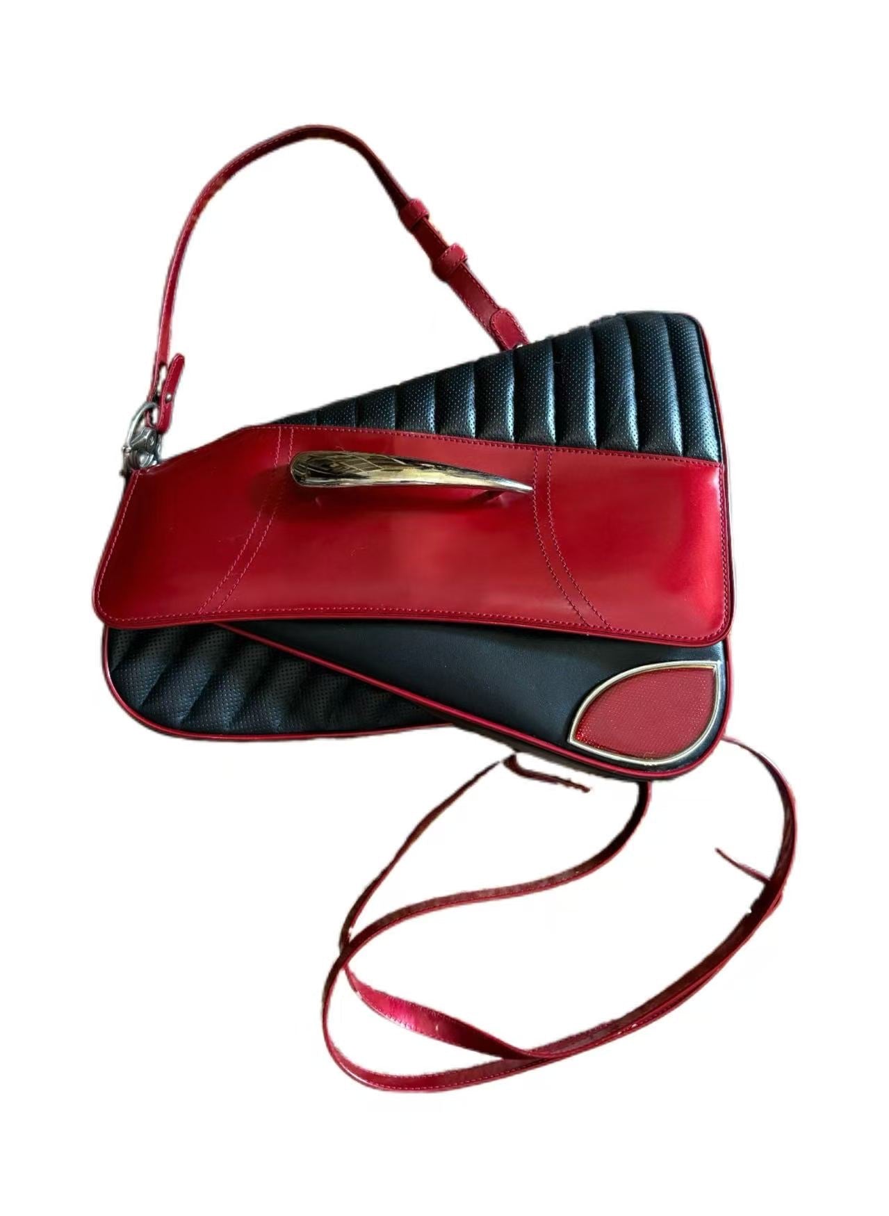Christian Dior by John Galliano Runway Cadillac Saddle Bag in Black & Red Leather with “CHRIS·1947” Plaque