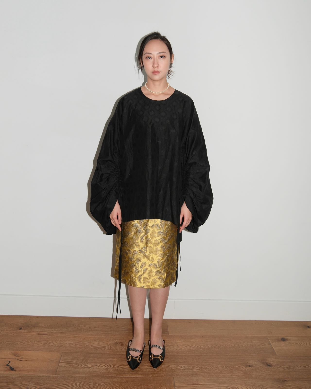UMA WANG “TOIVO” Black Ruched Sleeve Top