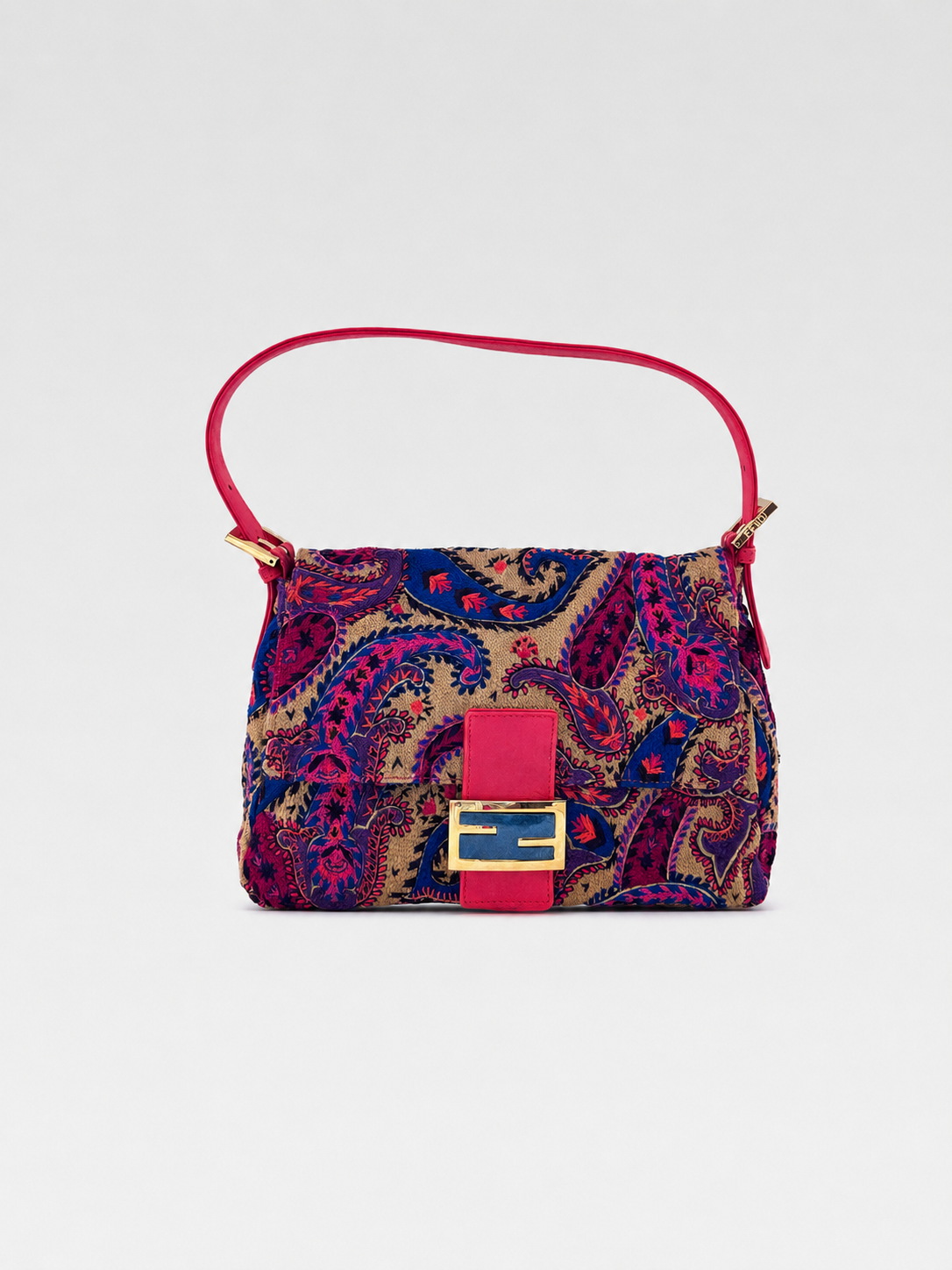 Fendi Vintage Large Baguette Bag Embroidered Paisley Multicolor Rare Statement Shoulder Bag