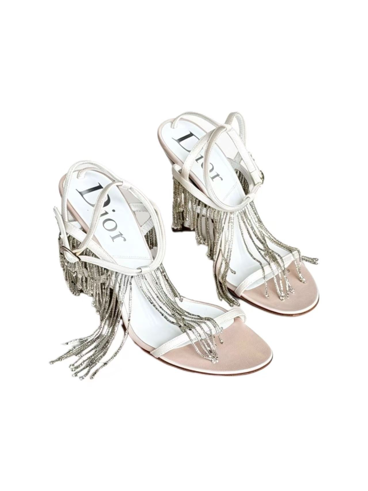 Christian Dior Beaded Fringe Waterfall Satin Heeled Sandals in Pearl White
