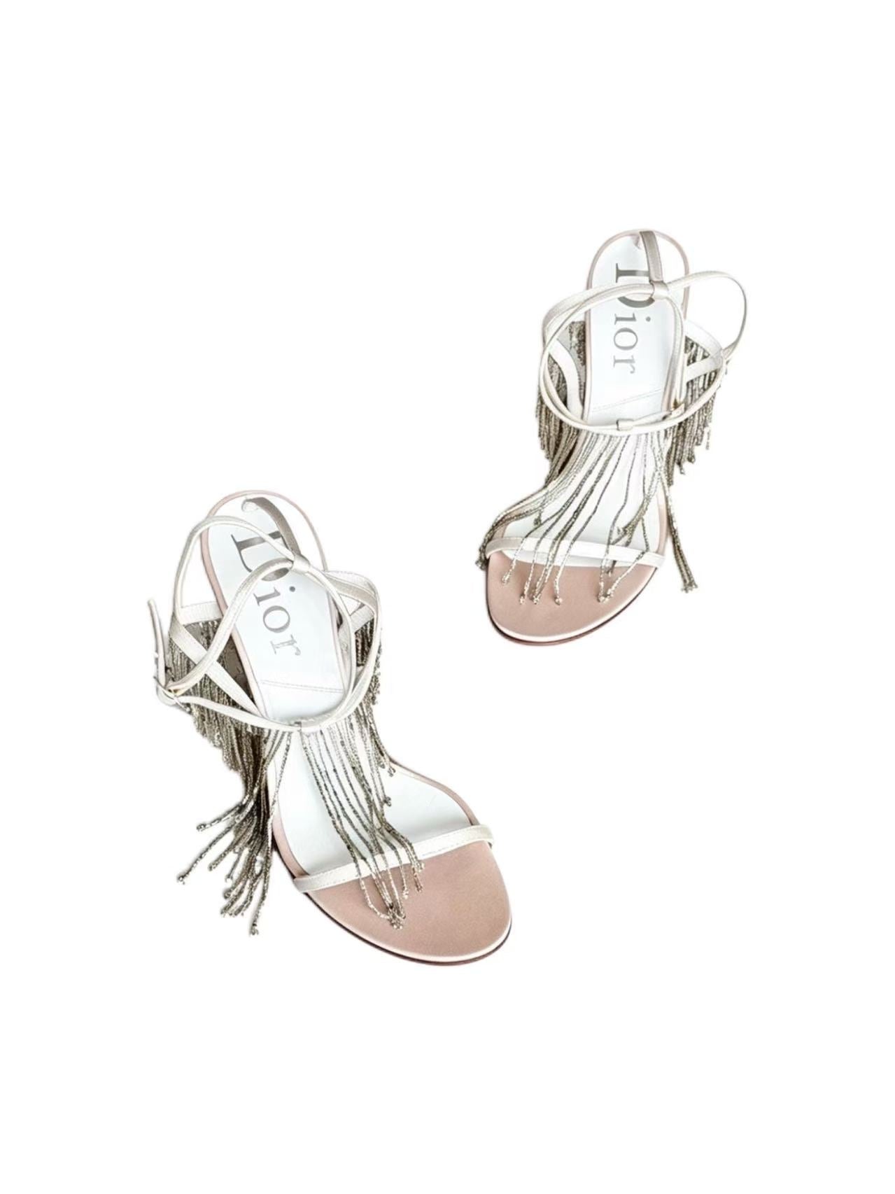 Christian Dior Beaded Fringe Waterfall Satin Heeled Sandals in Pearl White