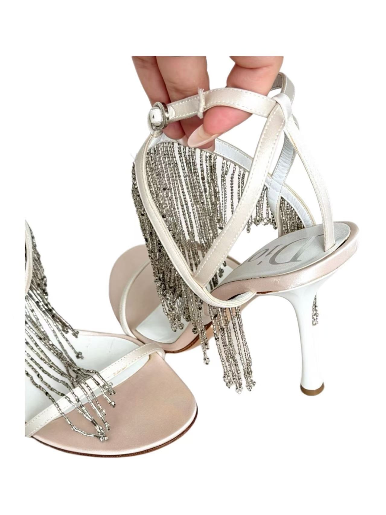 Christian Dior Beaded Fringe Waterfall Satin Heeled Sandals in Pearl White