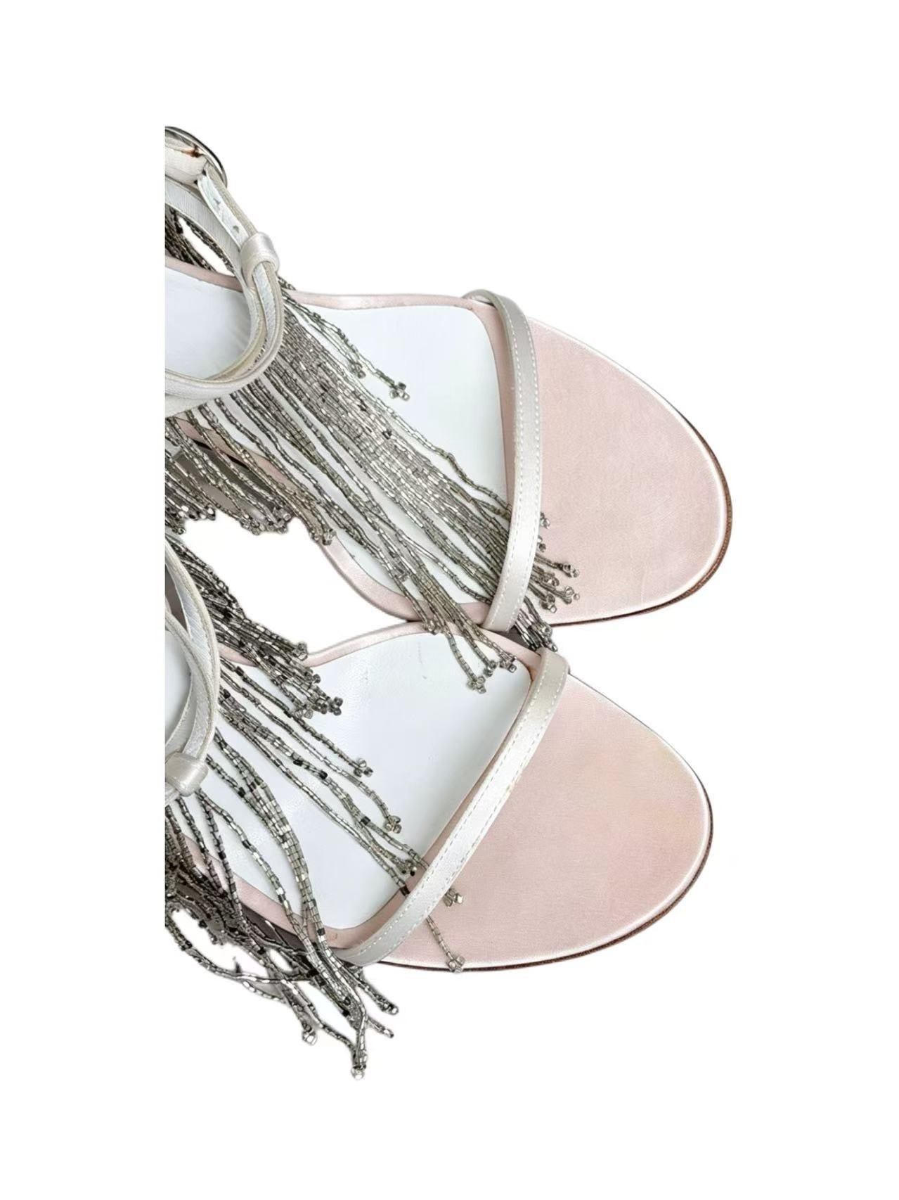 Christian Dior Beaded Fringe Waterfall Satin Heeled Sandals in Pearl White
