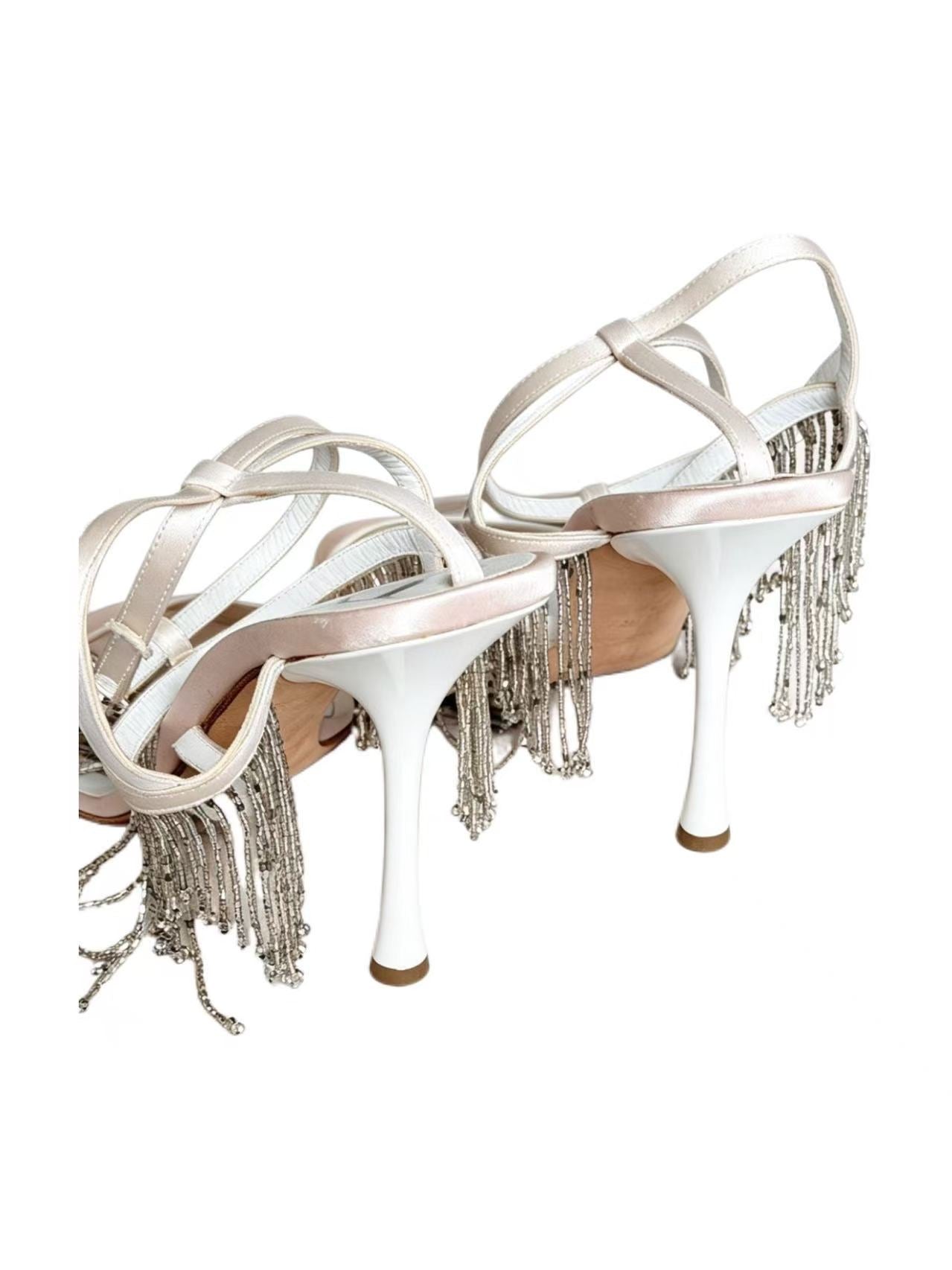 Christian Dior Beaded Fringe Waterfall Satin Heeled Sandals in Pearl White