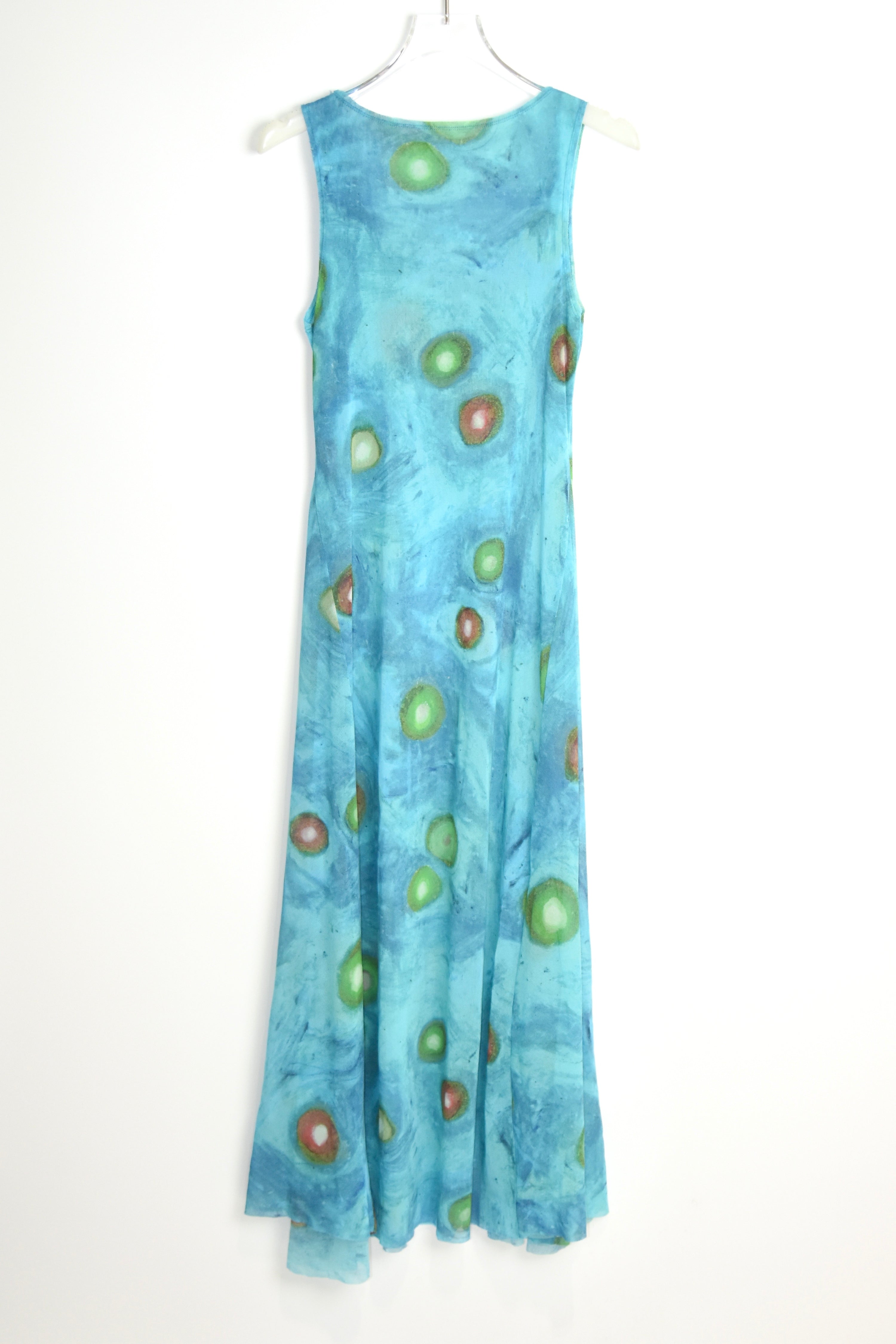 ISSEY MIYAKE Vintage Stretch Mesh Printed Tank Maxi Dress – Water Abstract Motif (Fits Women S–M)