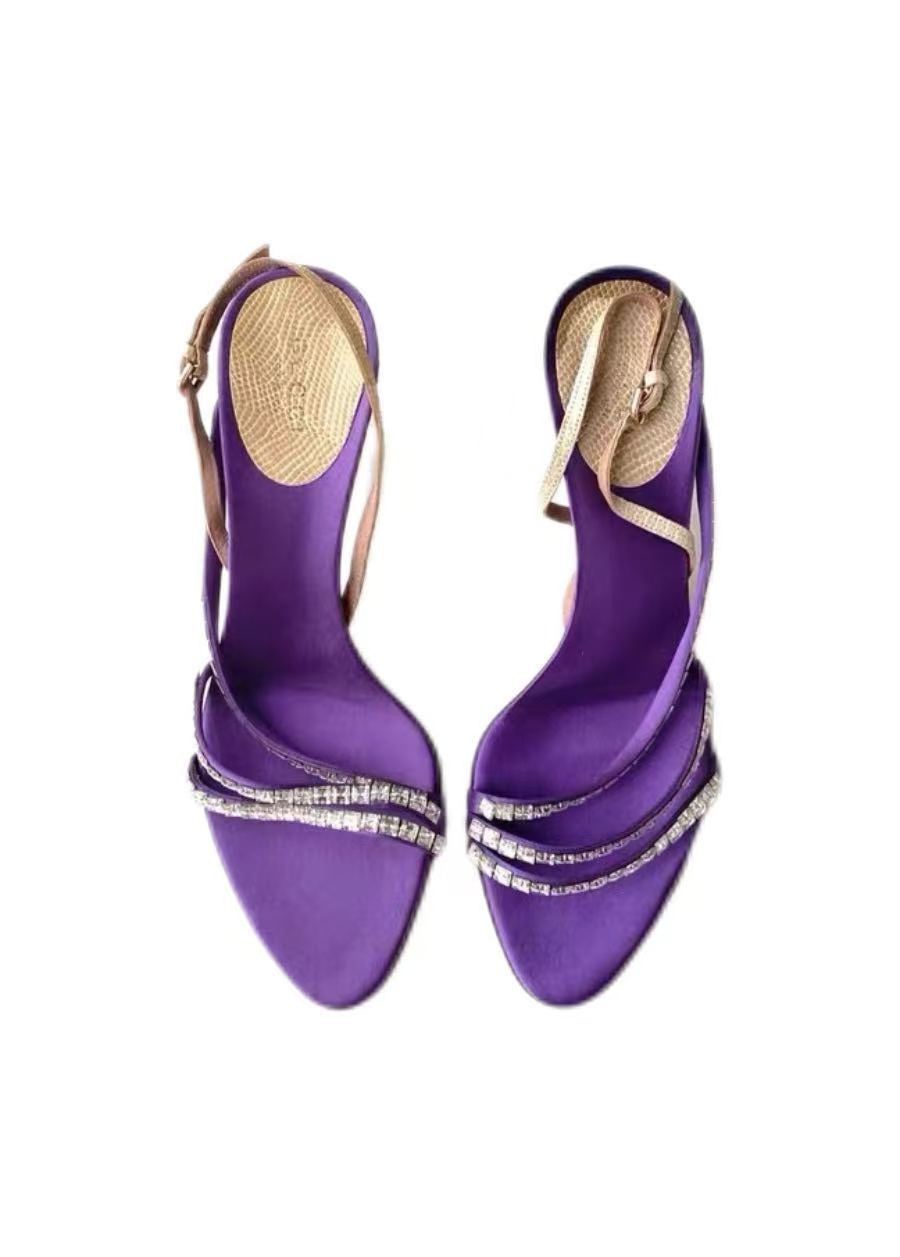 Gucci by Tom Ford 2004 Purple Silk Crystal-Embellished Heeled Sandals