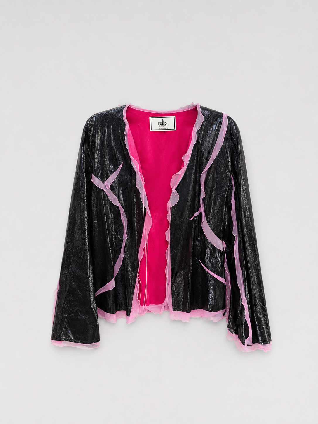 Fendi Early 2000s Runway Leather & Silk Panel Jacket – Deconstructed Sheer Trim Archive Piece