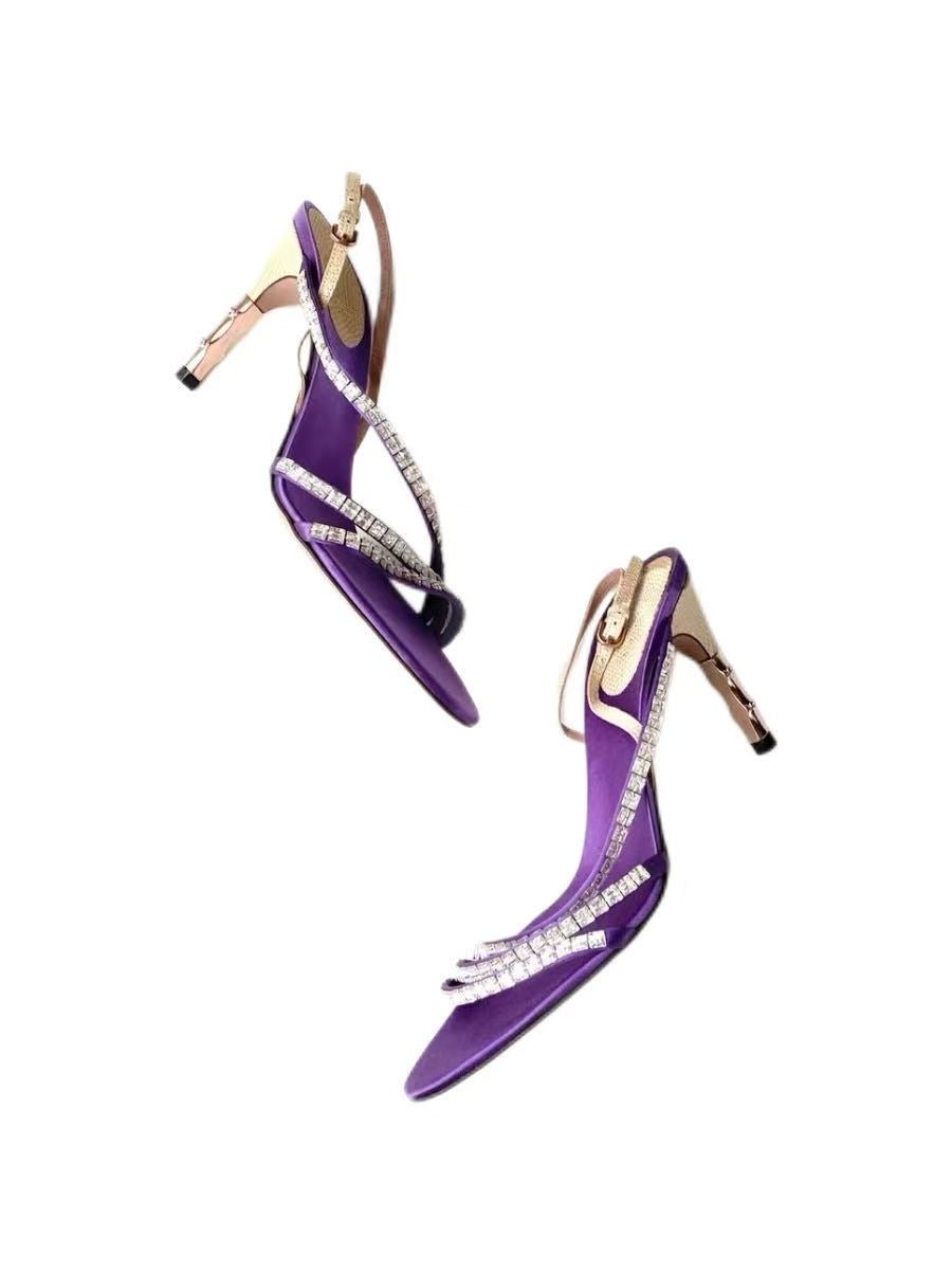 Gucci by Tom Ford 2004 Purple Silk Crystal-Embellished Heeled Sandals