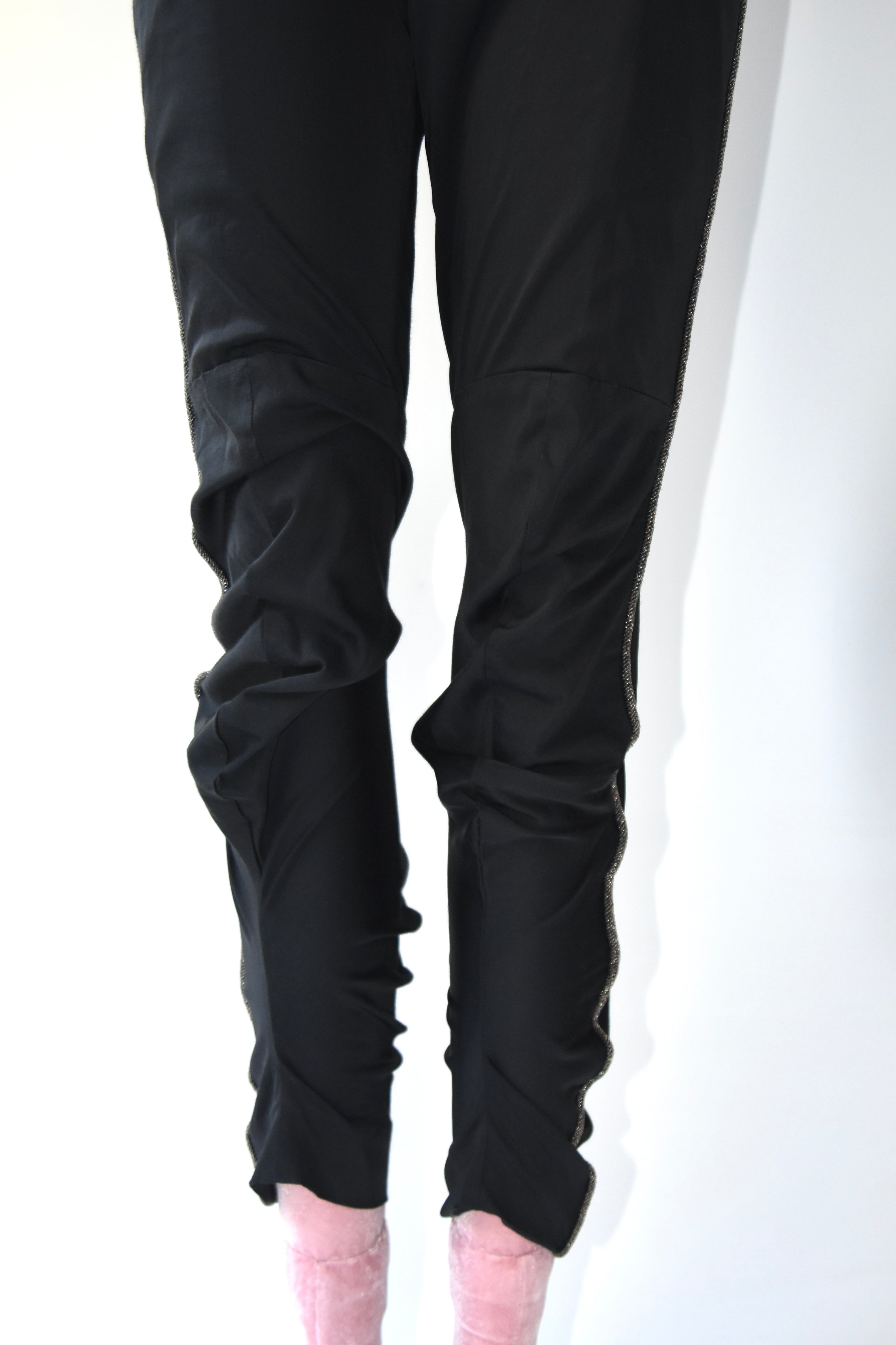 Comme des Garçons AD2010 Twisted Tailored Cropped Pants – Black Sculptural Gold-Trim Vintage Trousers