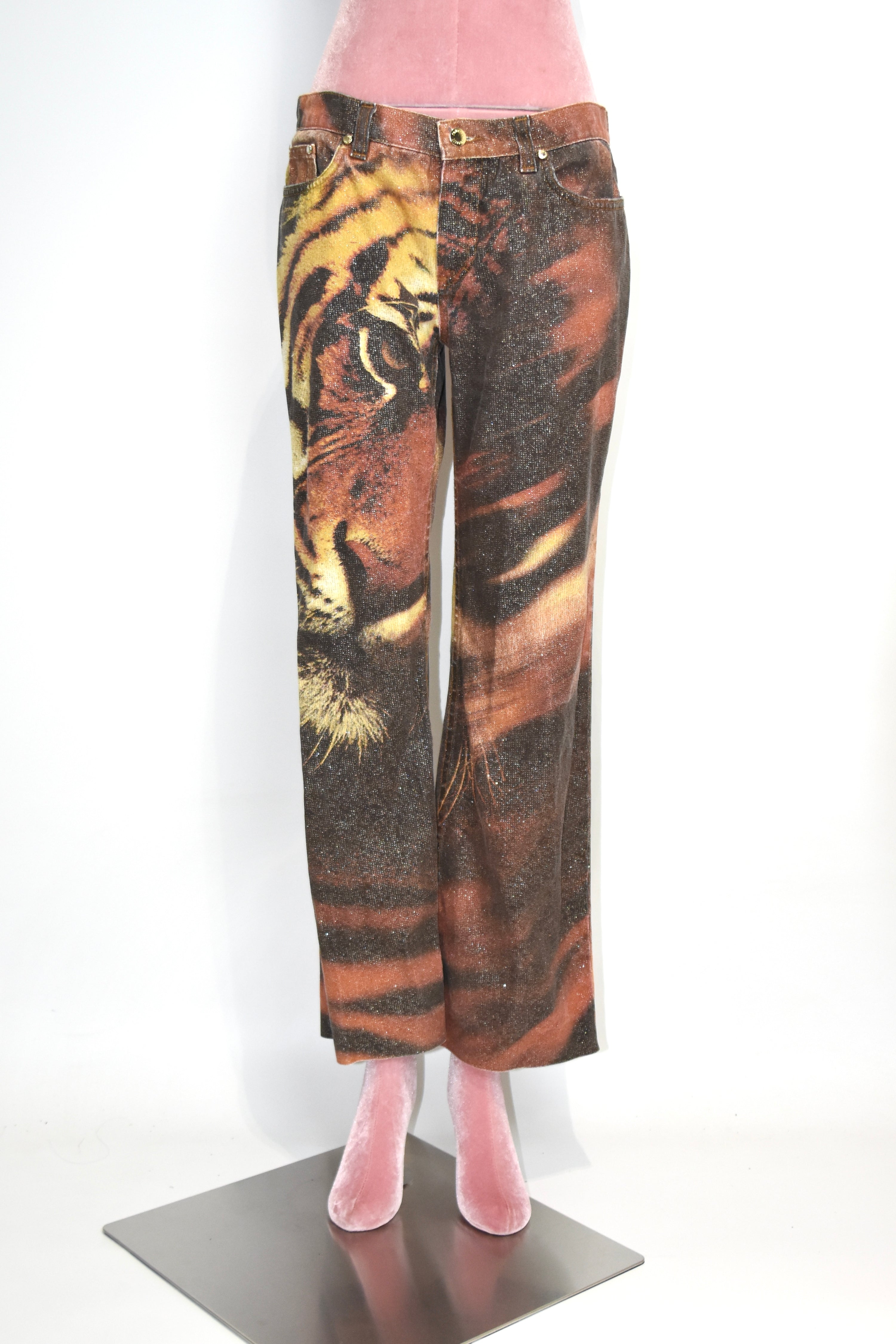 Roberto Cavalli Vintage Glitter Tiger Print Low-Rise Jeans (Rare Y2K Era Statement Denim)