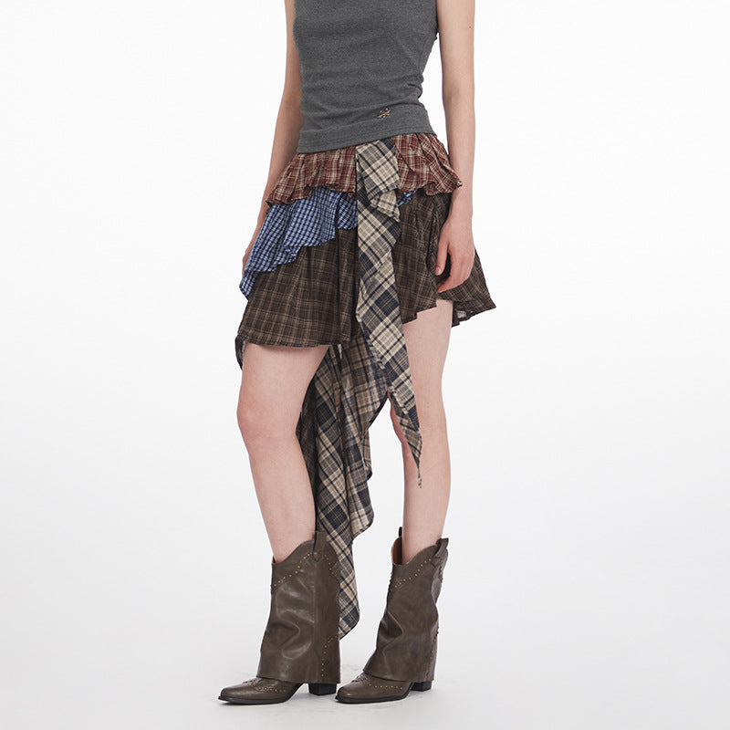 Irregular High Waist Plaid Patchwork Skirt for Women, Unique Sweet and Anti-Exposure Short Skirt