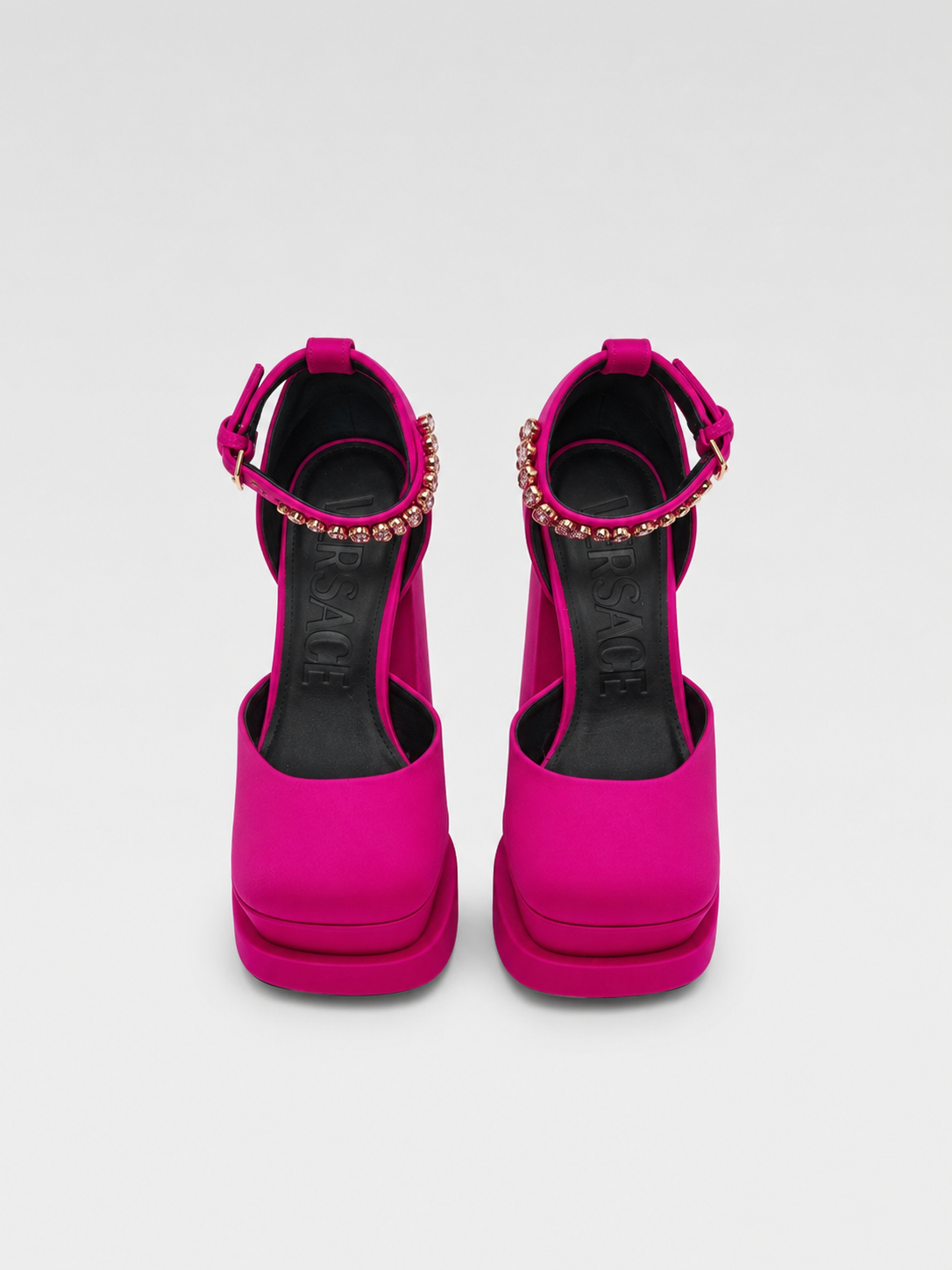 Versace Fuchsia Satin Platform Heels with Medusa Charms