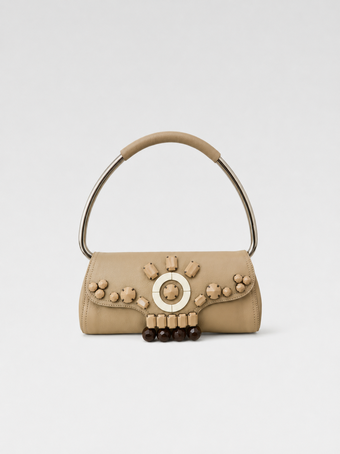 Prada Runway Embellished Leather Shoulder Bag with Silver Metal Handle – Beaded Crystal Detail Rare Archive Piece