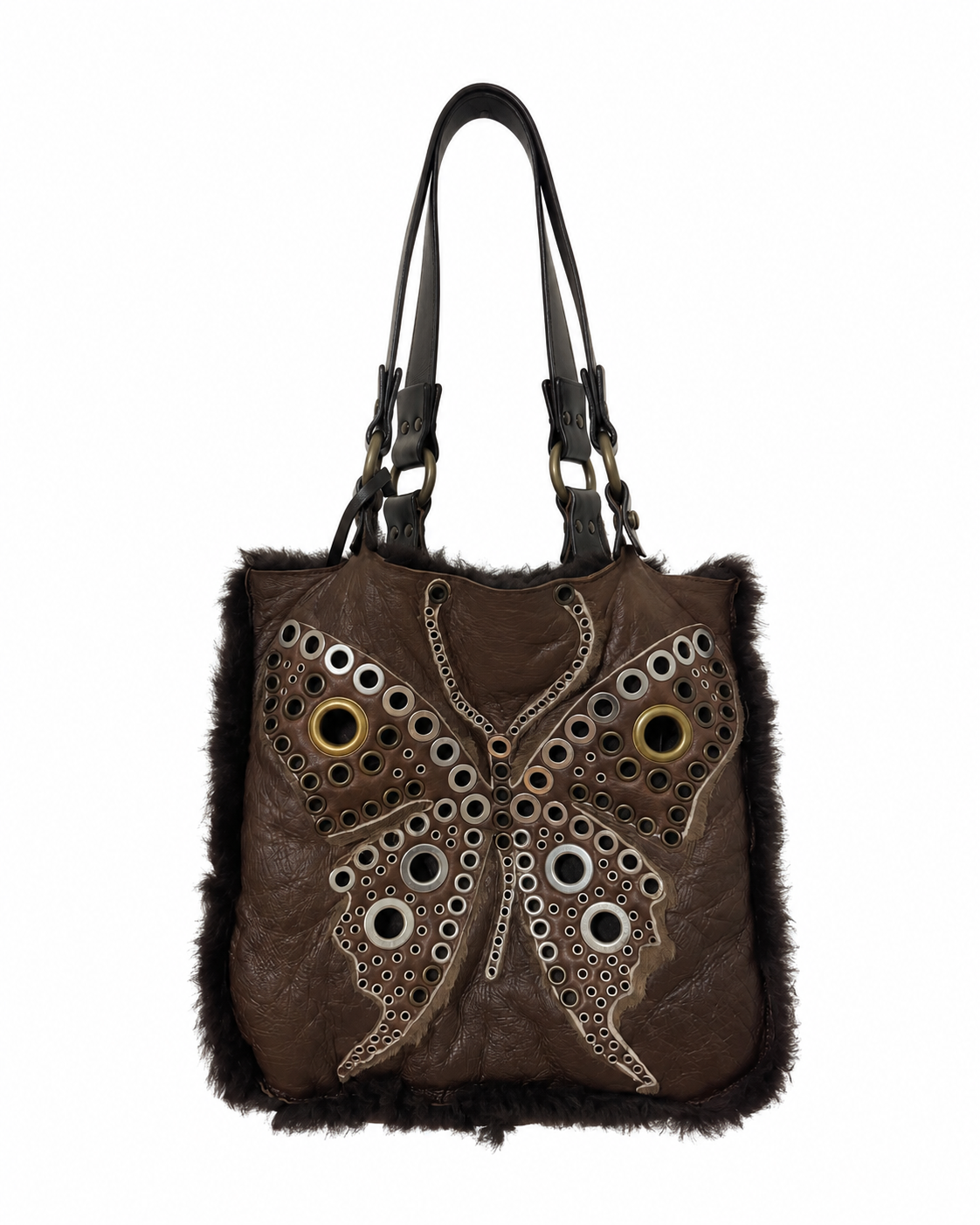 Vintage Dolce &amp; Gabbana Rare Shearling &amp; Leather Butterfly Eyelet Tote Bag – Y2K Archive