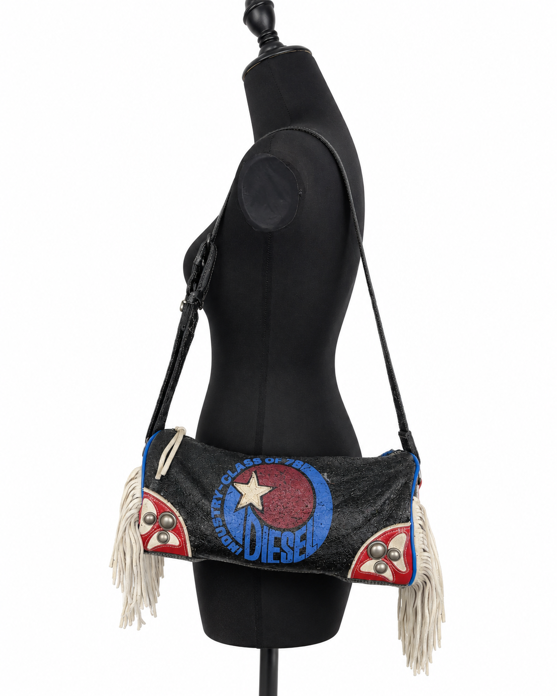 Diesel Vintage Y2K “Spare Parts” Fringe Shoulder Bag – Rare Black Graphic Leather Crossbody Bag