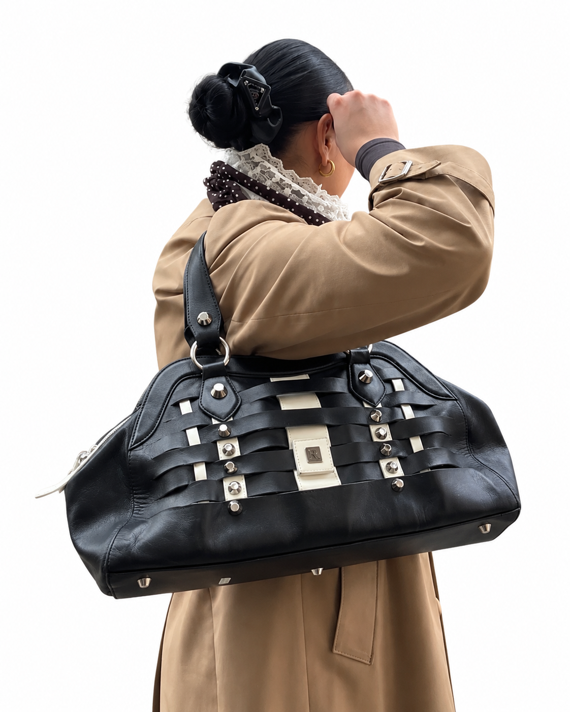 John Richmond Black Studded Metal Detail Shoulder Bag