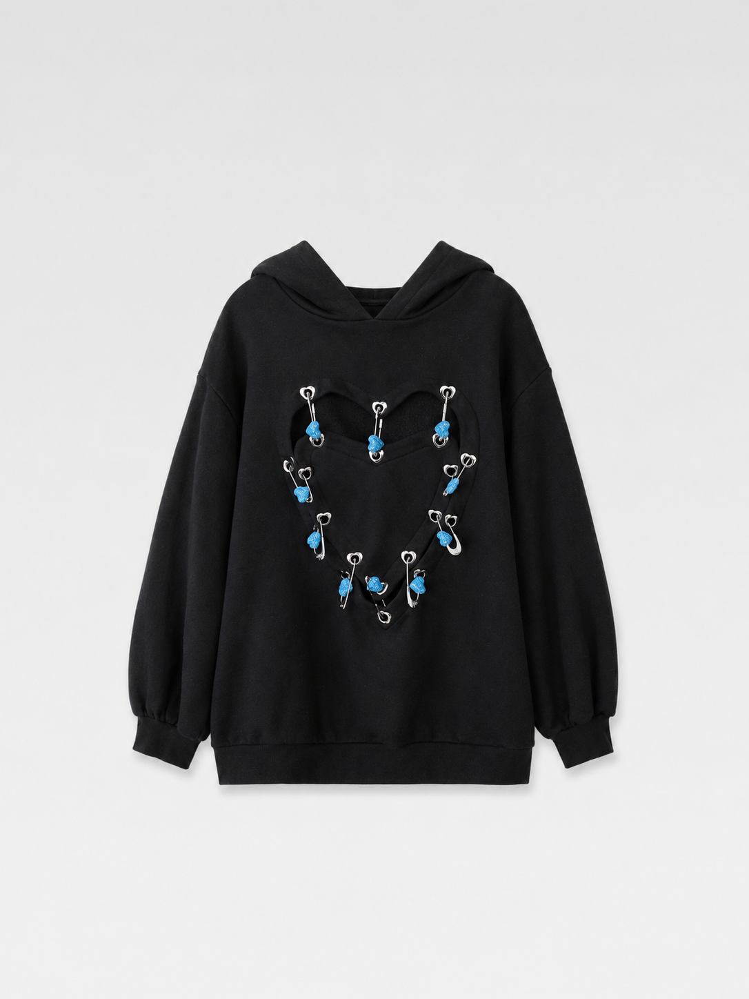 YUEQI QI Heart Cutout Hoodie with Blue Safety Pin Details