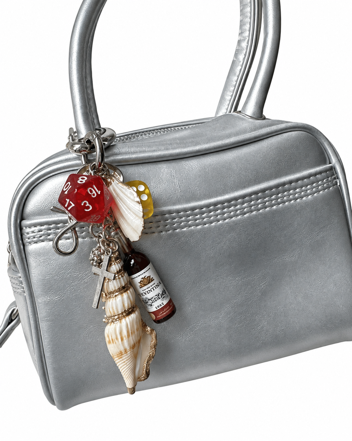 Silver Korean-Style Top Handle & Crossbody Bag with Handmade Seashell & Conch Wine Bottle Keychain Charm Set