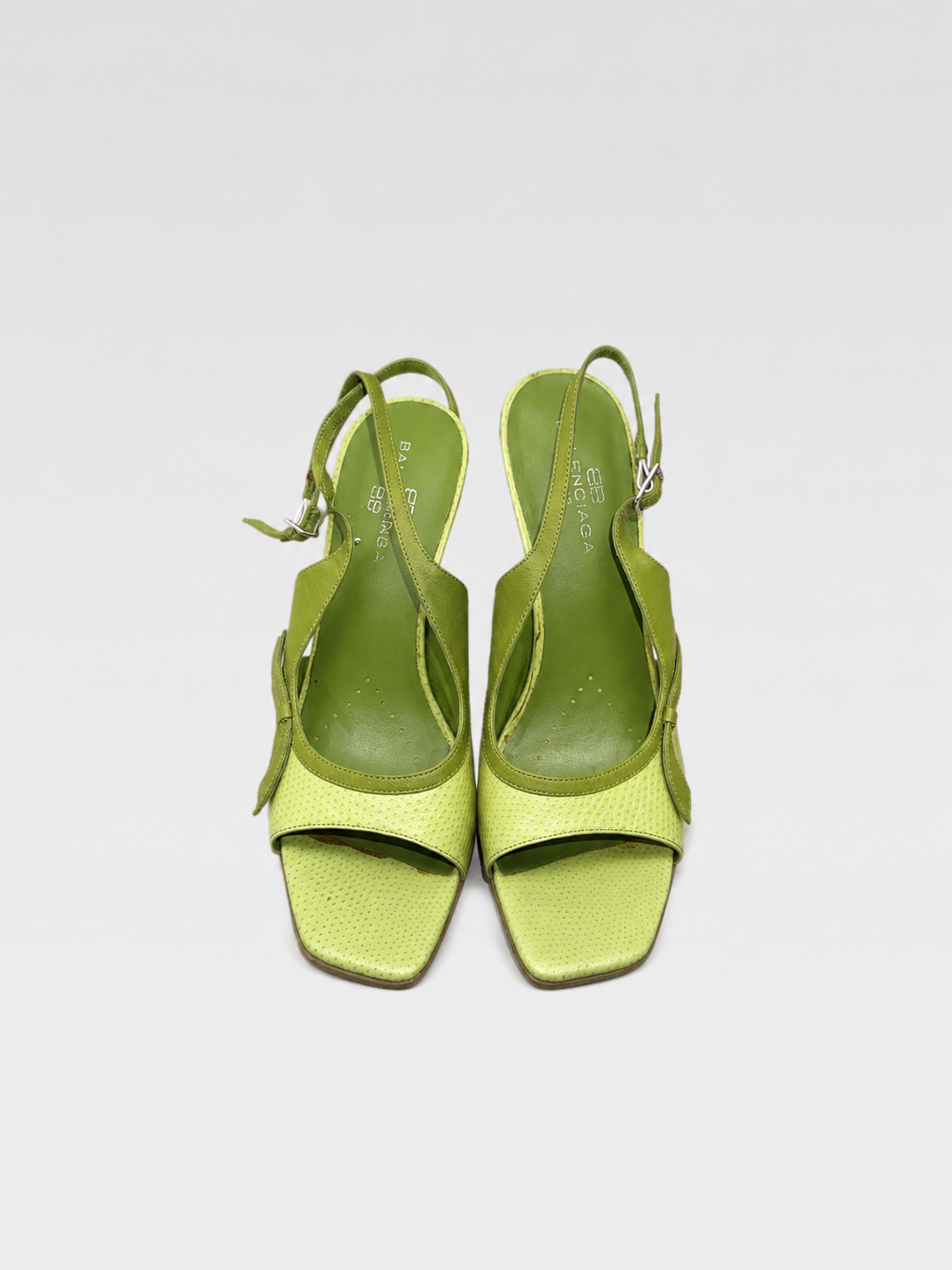 Balenciaga Vintage Lime Green Perforated Leather Wedge Heels – Rare Archive Slingback Sandals