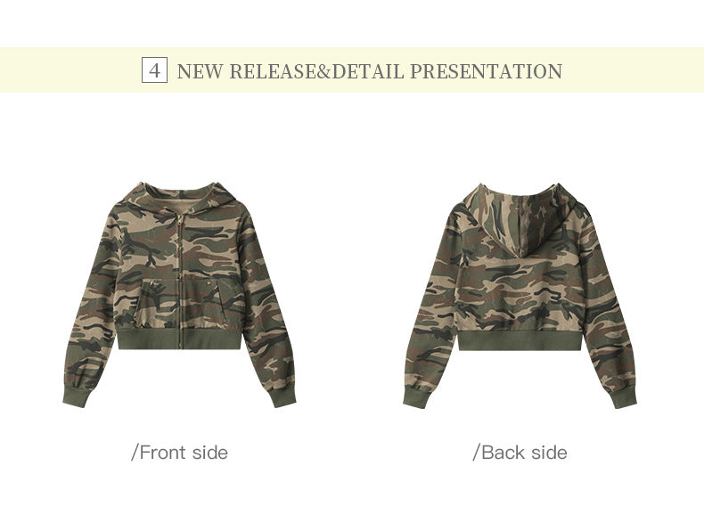 Camouflage short hot girl hooded sweatshirt for women2025Spring and Autumn Zipper Retro Cardigan Jacket